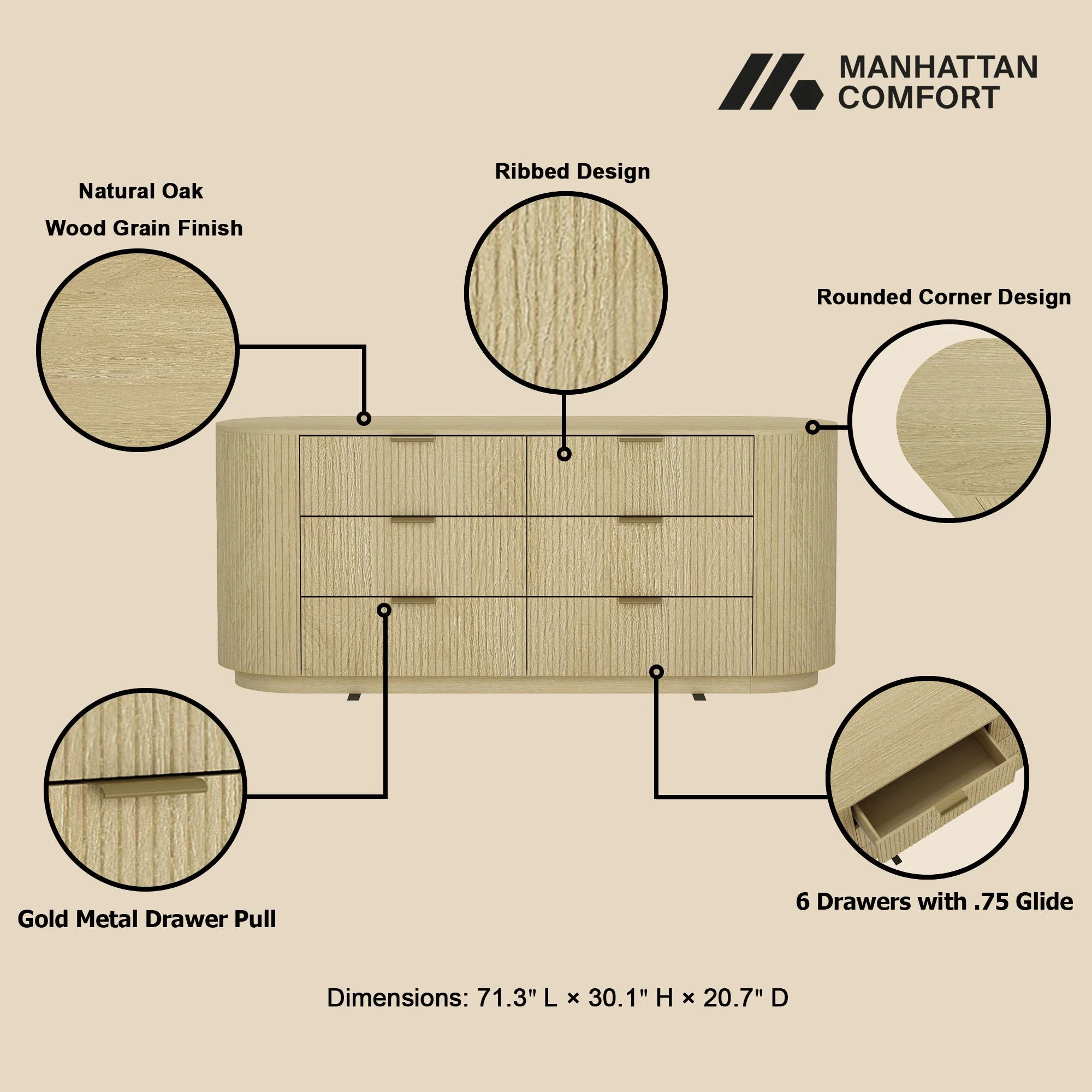 Olivia 71.3" Double Dresser in Natural Oak and Gold - Image 4