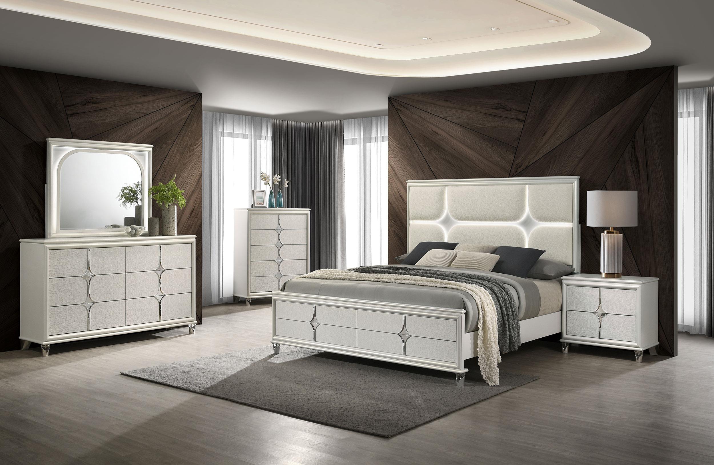 Olivia California King Panel Bed LED Headboard Pearl White - Image 9