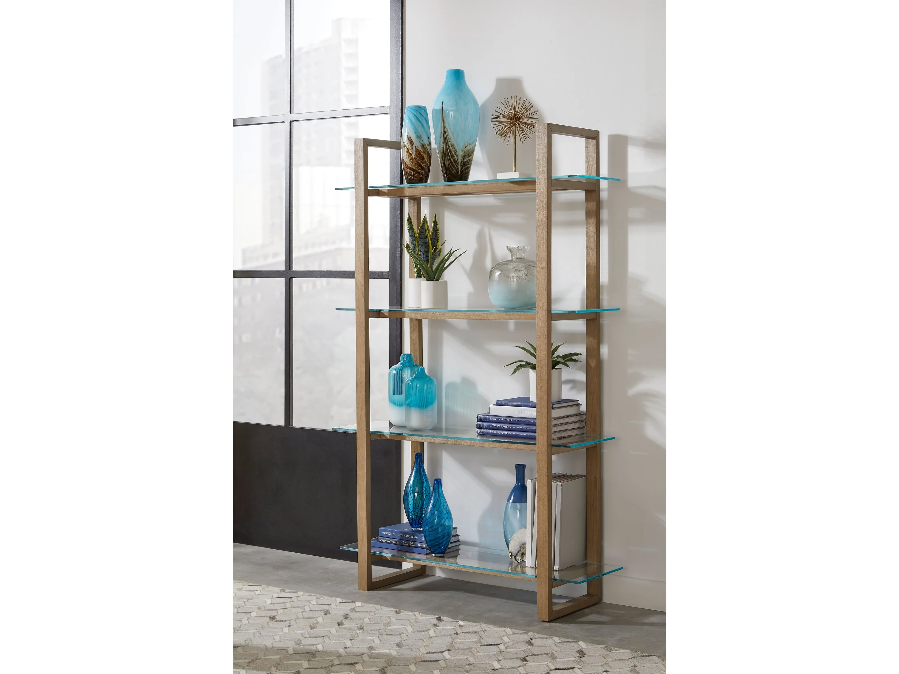 One Bisque/Clear Modern Coastal Glass Shelf Bookcase