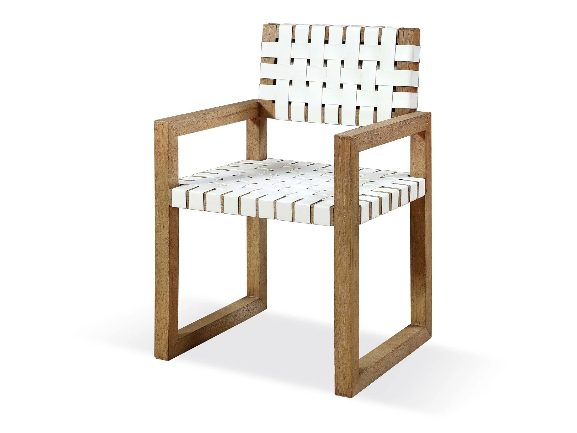 One Woven Leather and Solid Wood Dining Arm Chair in White and Bisque (Set of 2)