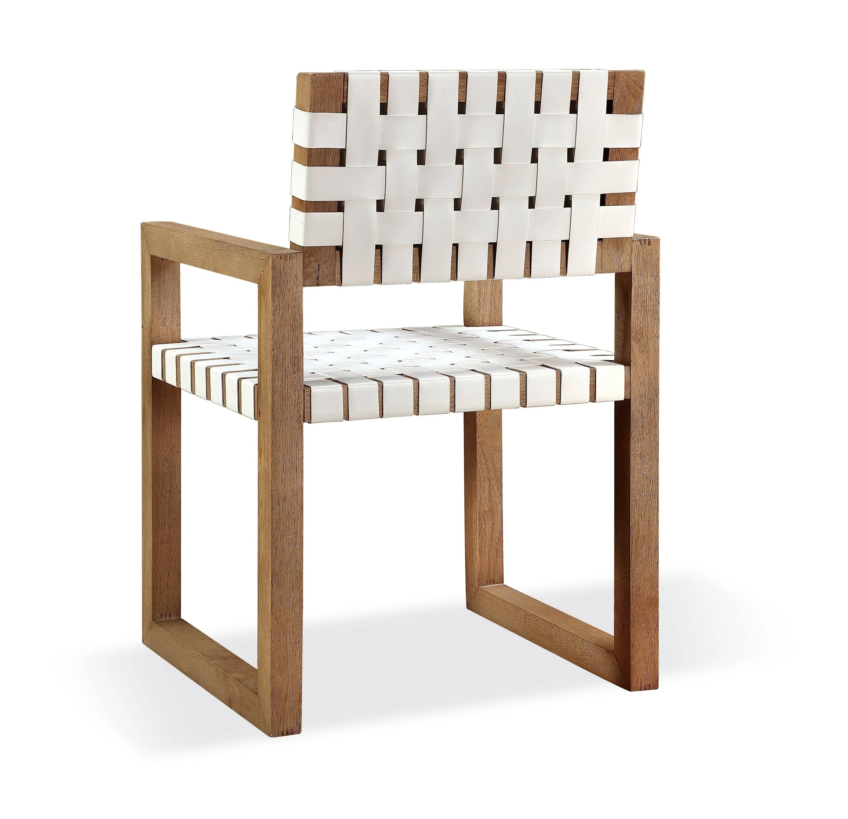 One Woven Leather and Solid Wood Dining Arm Chair in White and Bisque (Set of 2) - Image 2