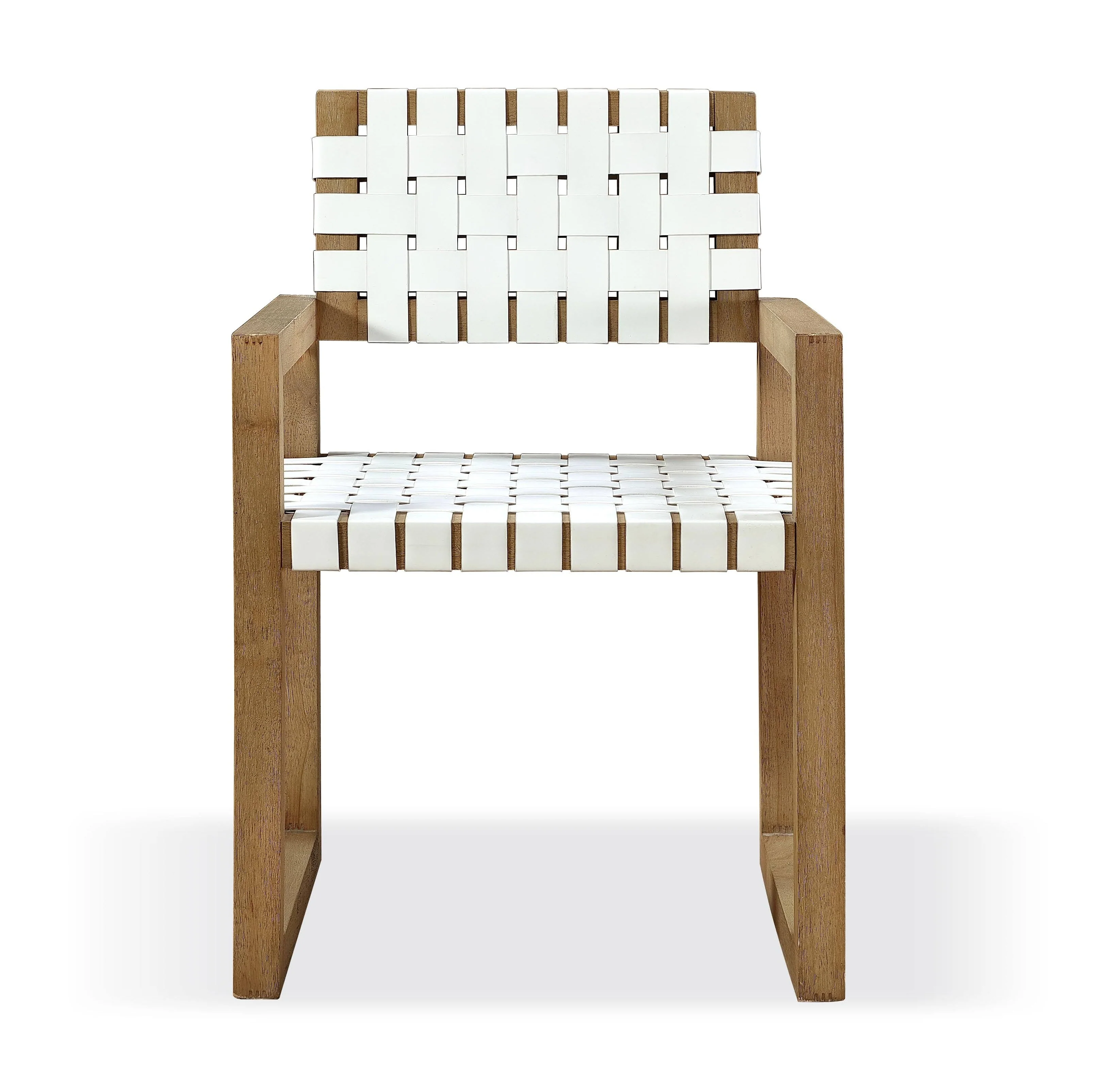 One Woven Leather and Solid Wood Dining Arm Chair in White and Bisque (Set of 2) - Image 4