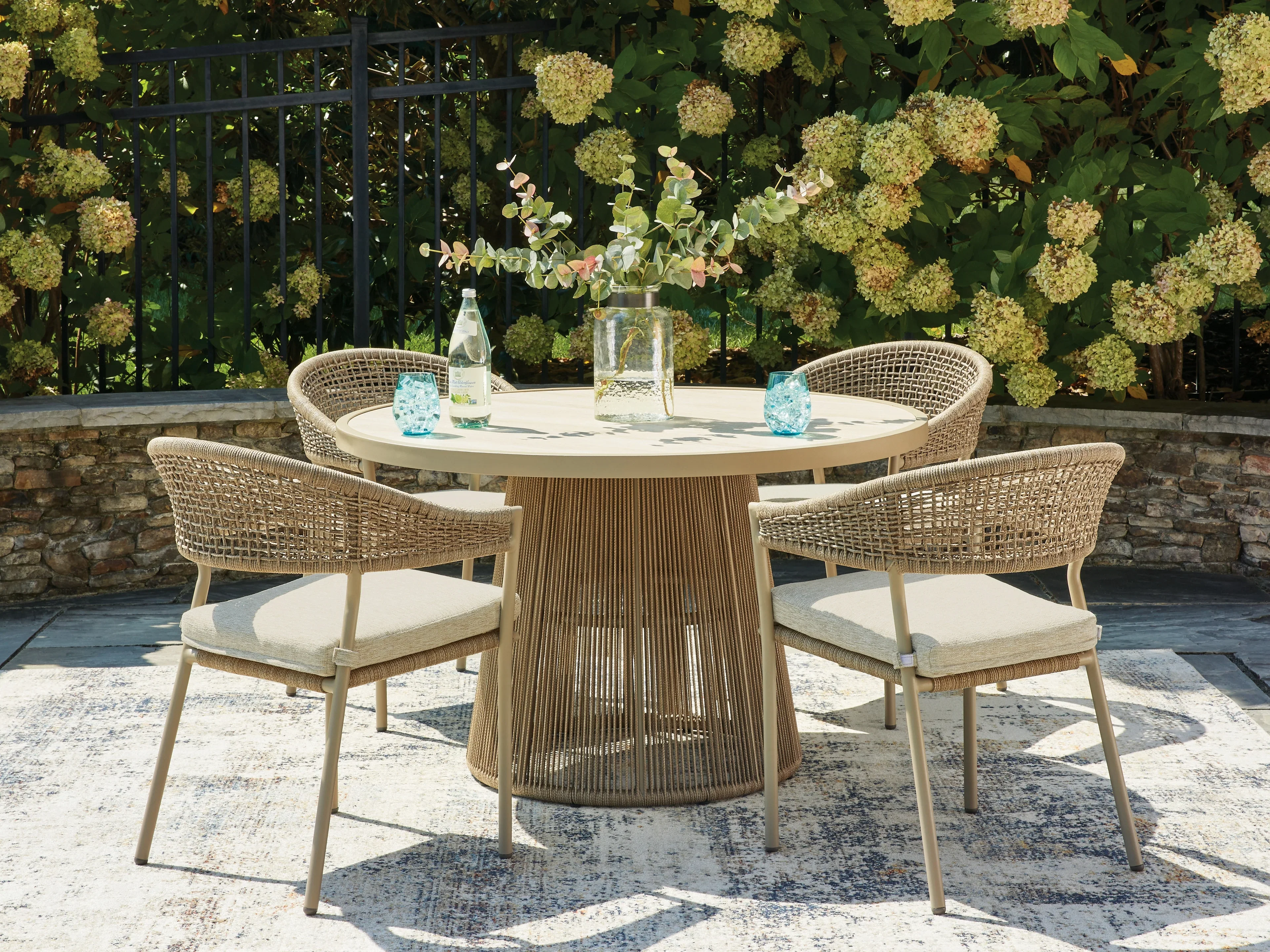 Orchard Beach Beige Outdoor Dining Table and 4 Arm Chairs