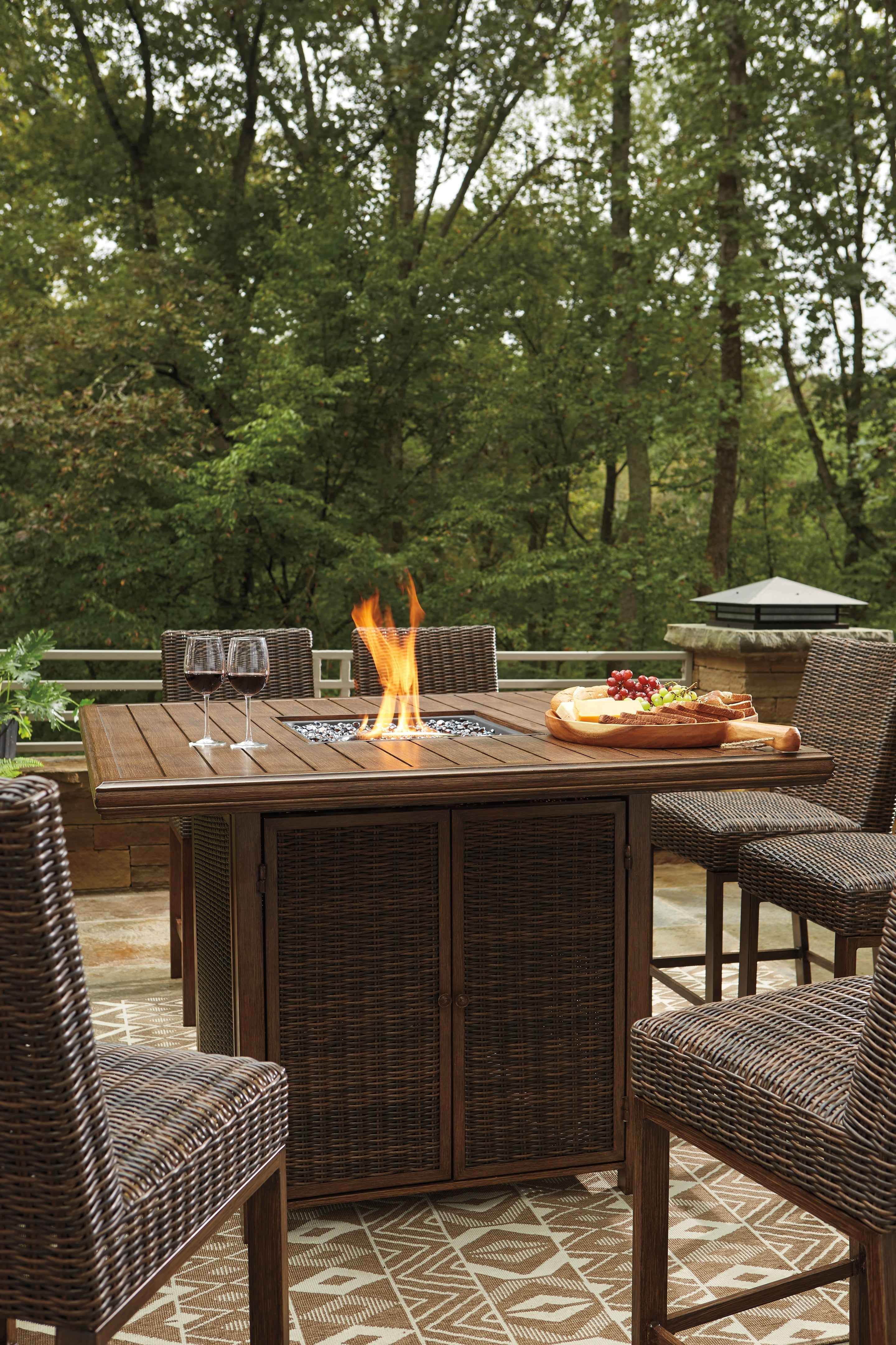 Paradise Trail Medium Brown Outdoor Bar Fire Pit Table with 6 Barstools - Image 12