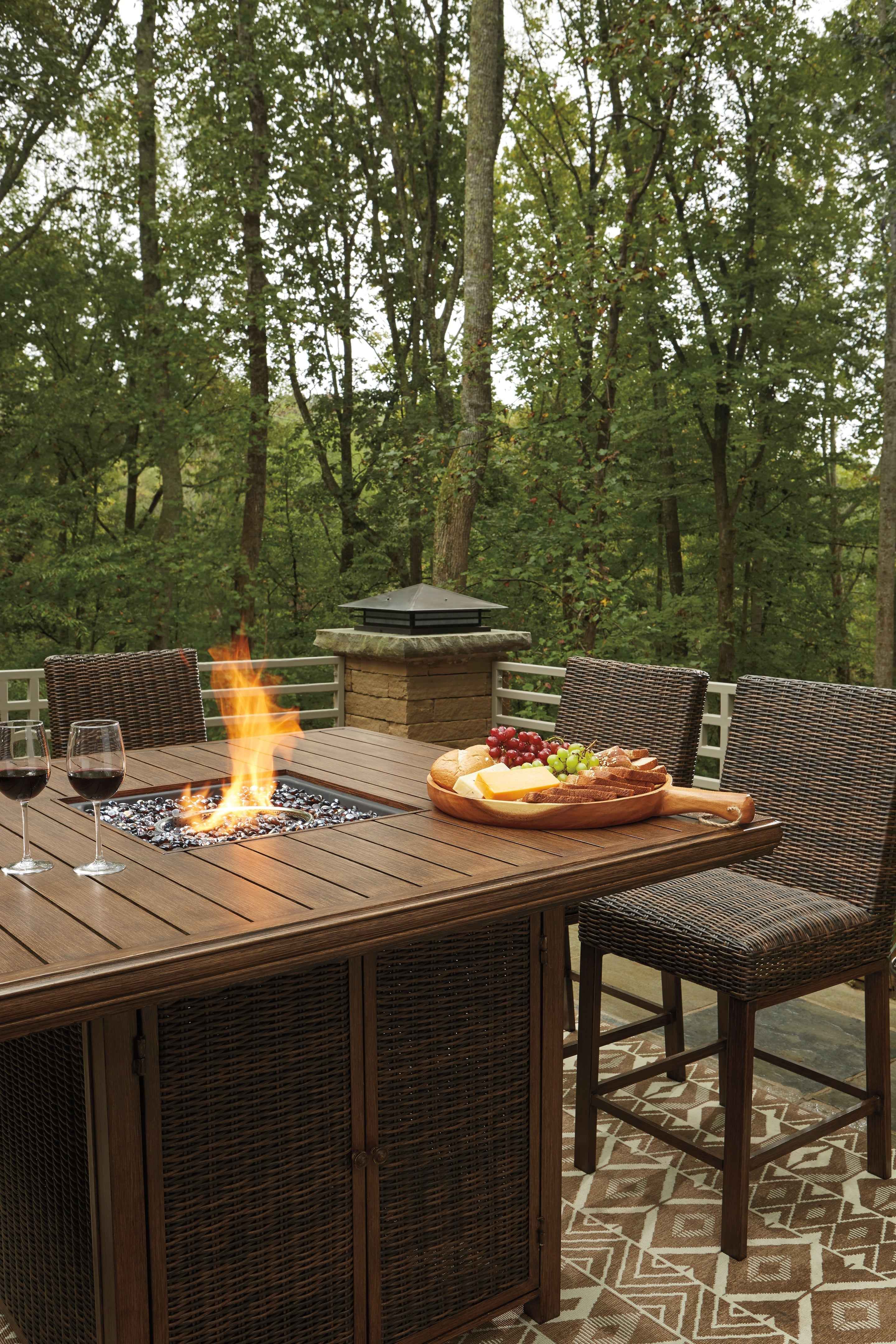 Paradise Trail Medium Brown Outdoor Bar Fire Pit Table with 6 Barstools - Image 13