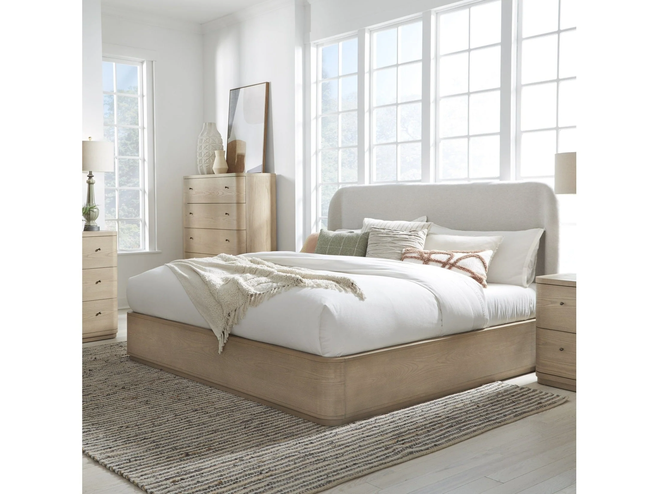 Penny California King Upholstered Platform Bed in Buff Cream Ash and Oatmeal Linen