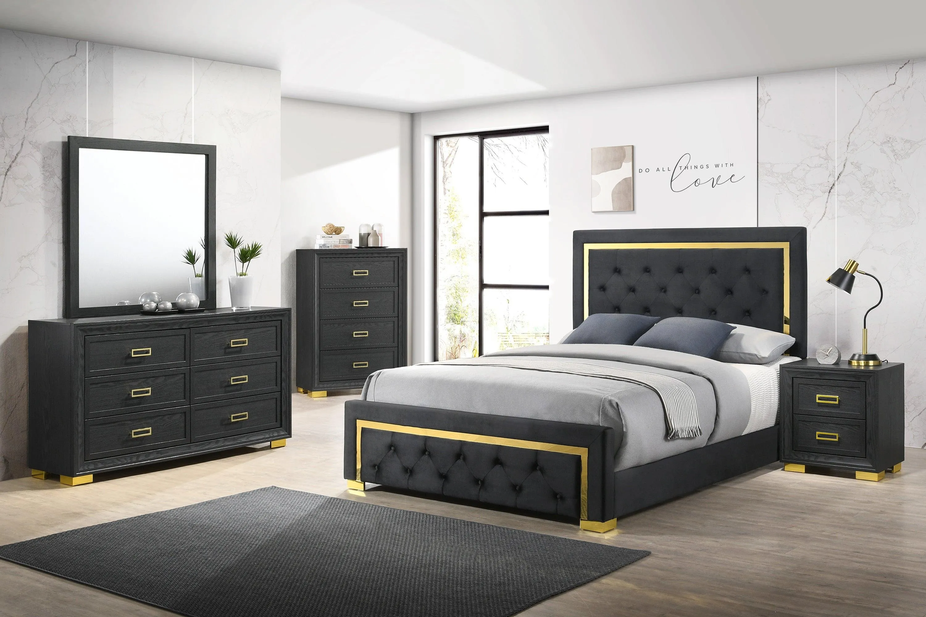 Pepe Black and Gold Panel Upholstered Bedroom Set