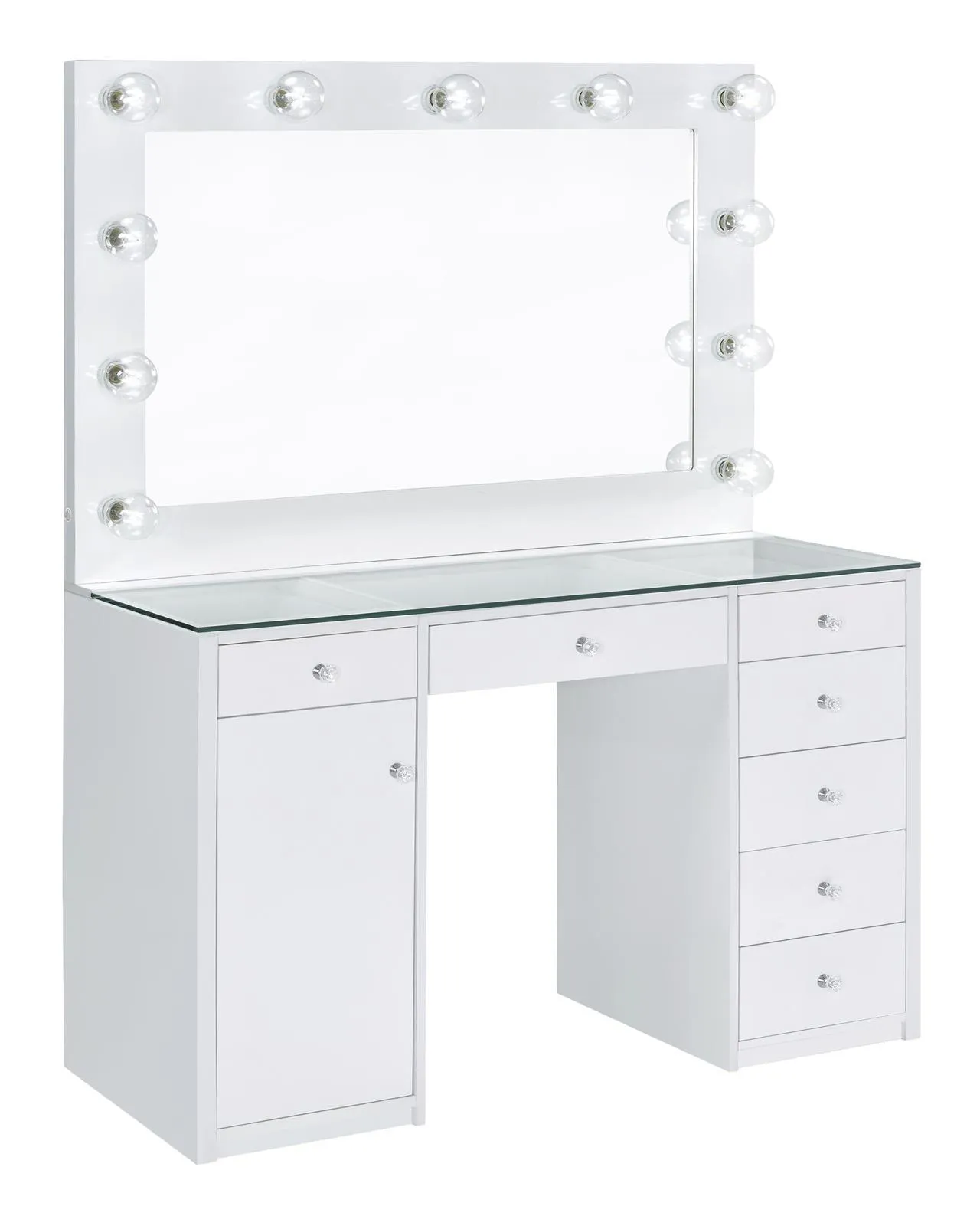 Percy White 7-Drawer Glass Top Vanity Desk with Lighting - Image 2