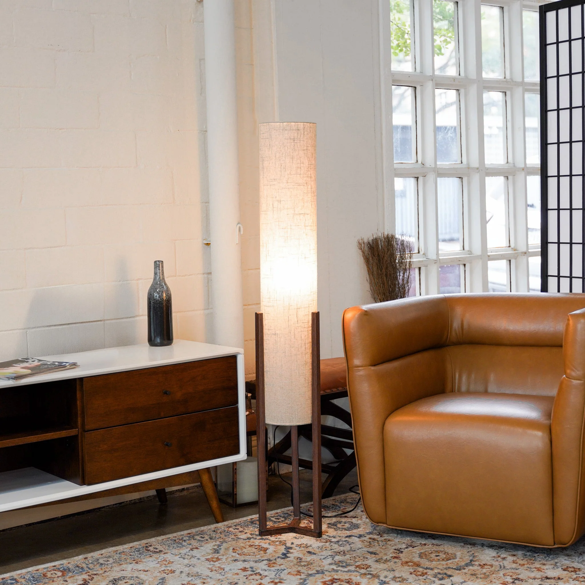 Pharos Contemporary Cylinder Floor Lamp with Brown Wood Base - Image 4