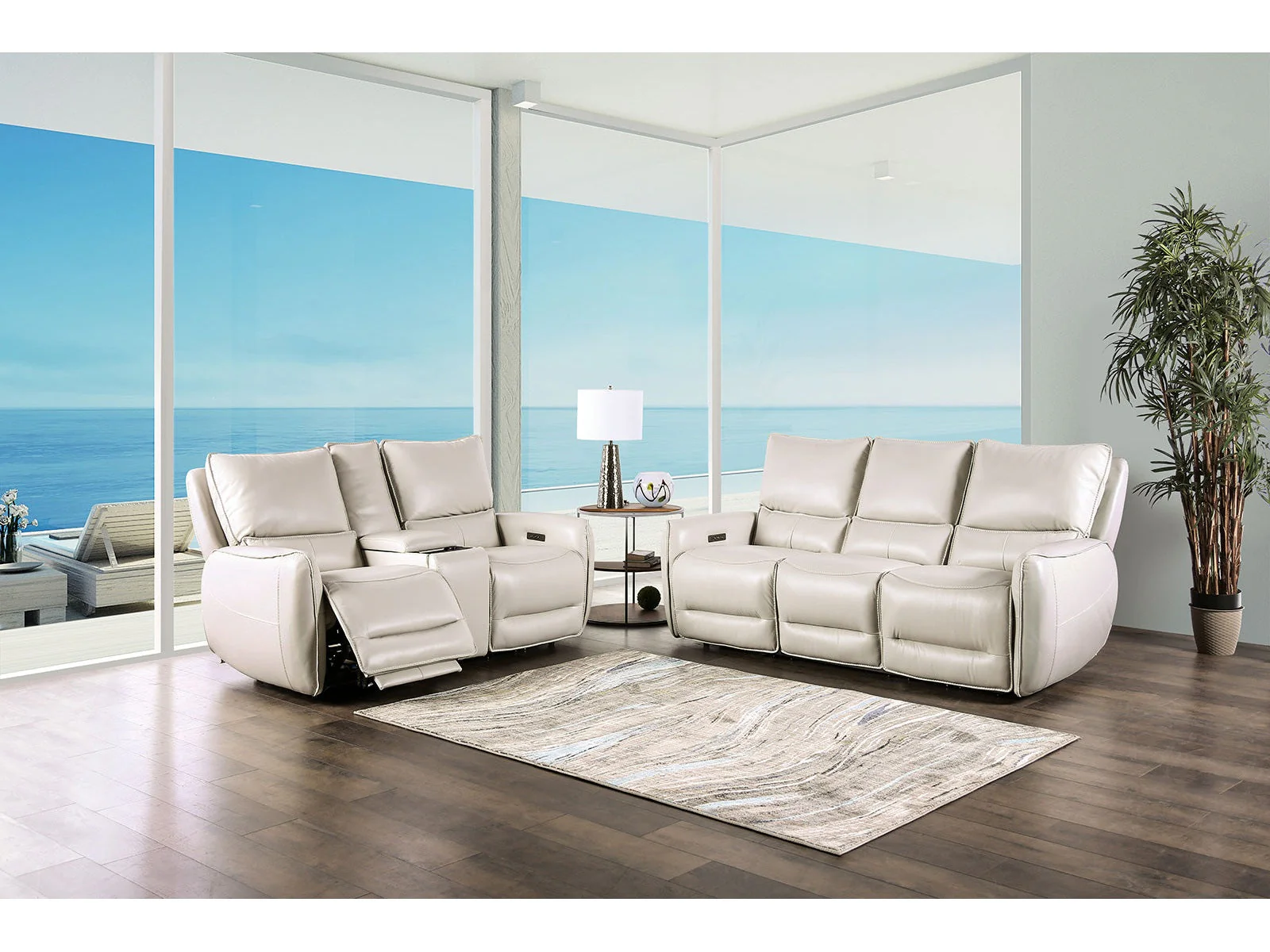 Phineas Beige Power Top Grain Leather Match Reclining Sofa & Loveseat