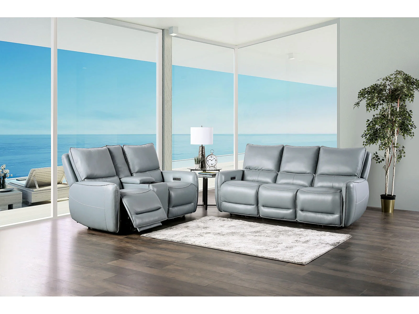 Phineas Pale Blue Top Grain Leather Match Power Reclining Sofa & Loveseat