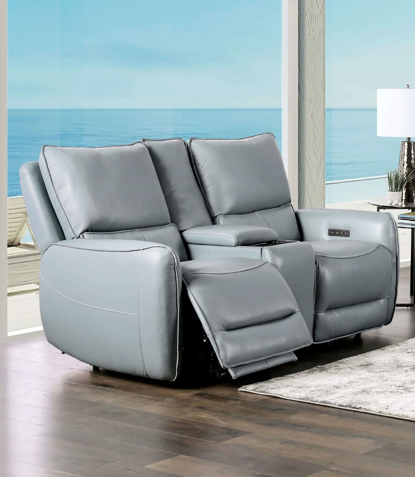 Phineas Pale Blue Top Grain Leather Match Power Reclining Sofa & Loveseat - Image 3