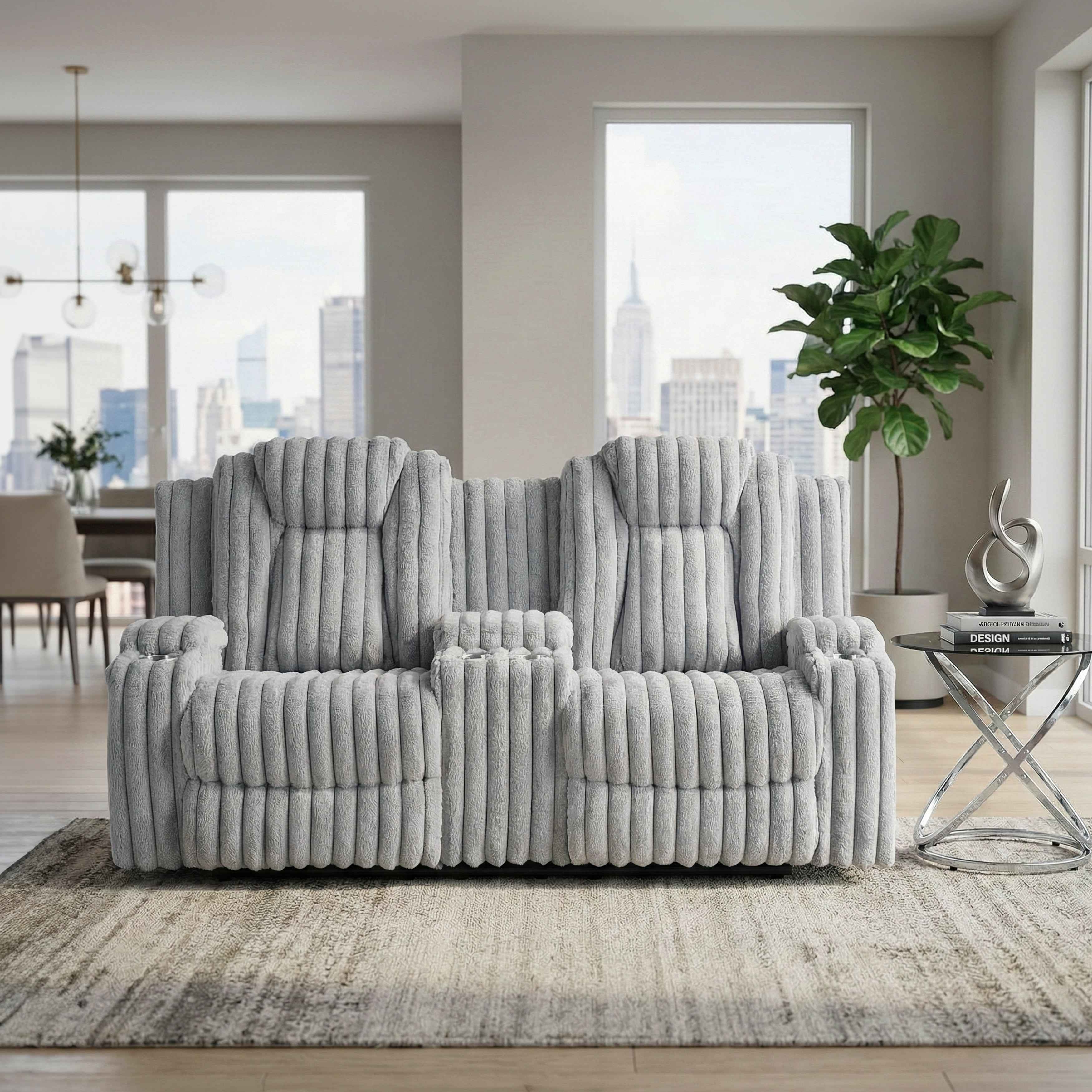 Phyllis Light Gray Double Reclining Loveseat with Center Console - Image 11