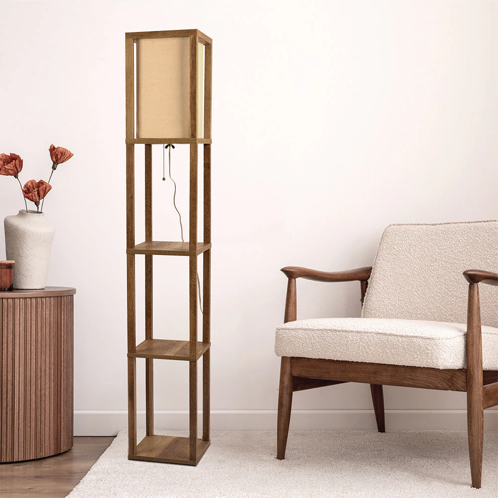 Pinnacle Shelf Floor Lamp For Bedroom/Living Room, Natural Wood with Long Shade - Image 4