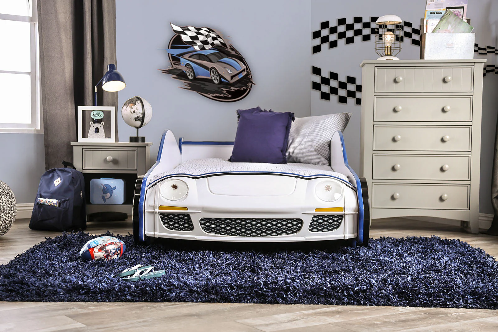 Poe White/Blue Twin Bed