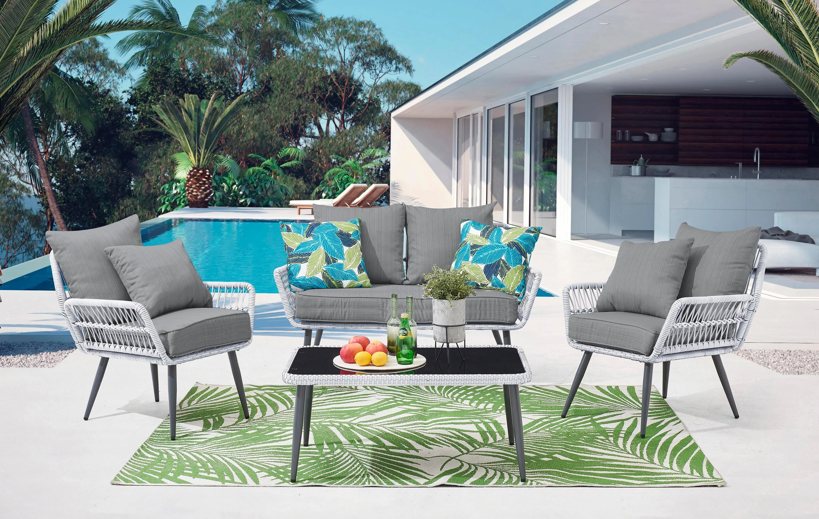 Portofino Patio 4-Person Conversation Set with Coffee Table with Grey Cushions - Image 2