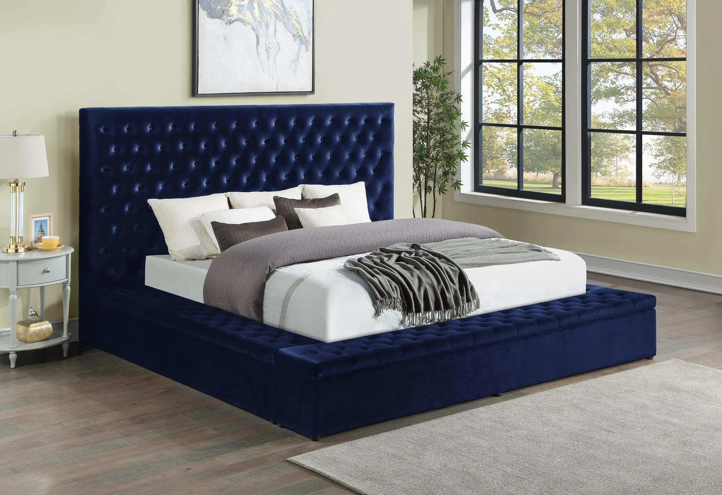 Prague Blue Velvet King Upholstered Storage Platform Bed - Image 12