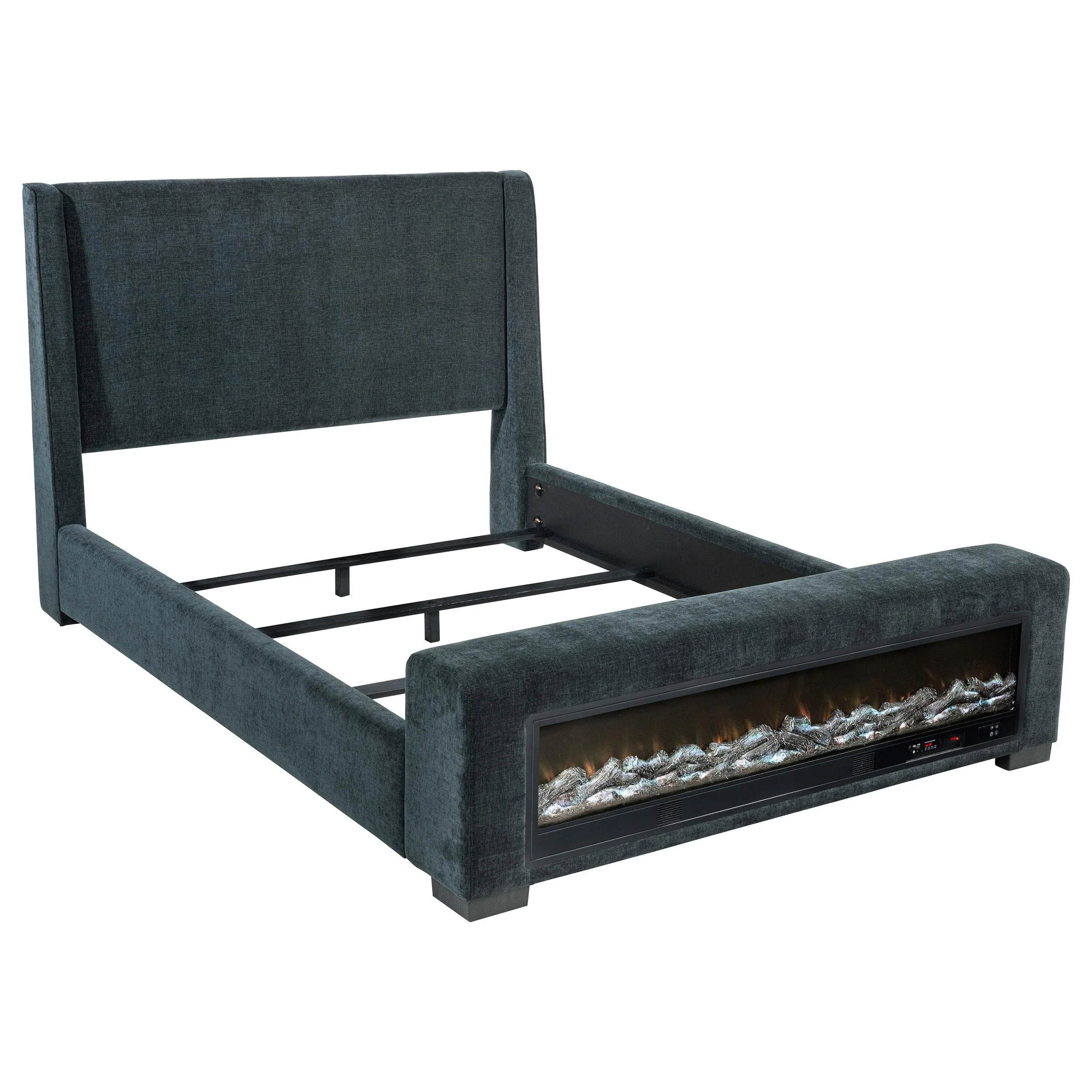 Preston Blue Upholstered Eastern King Audio Fireplace Bed - Image 4