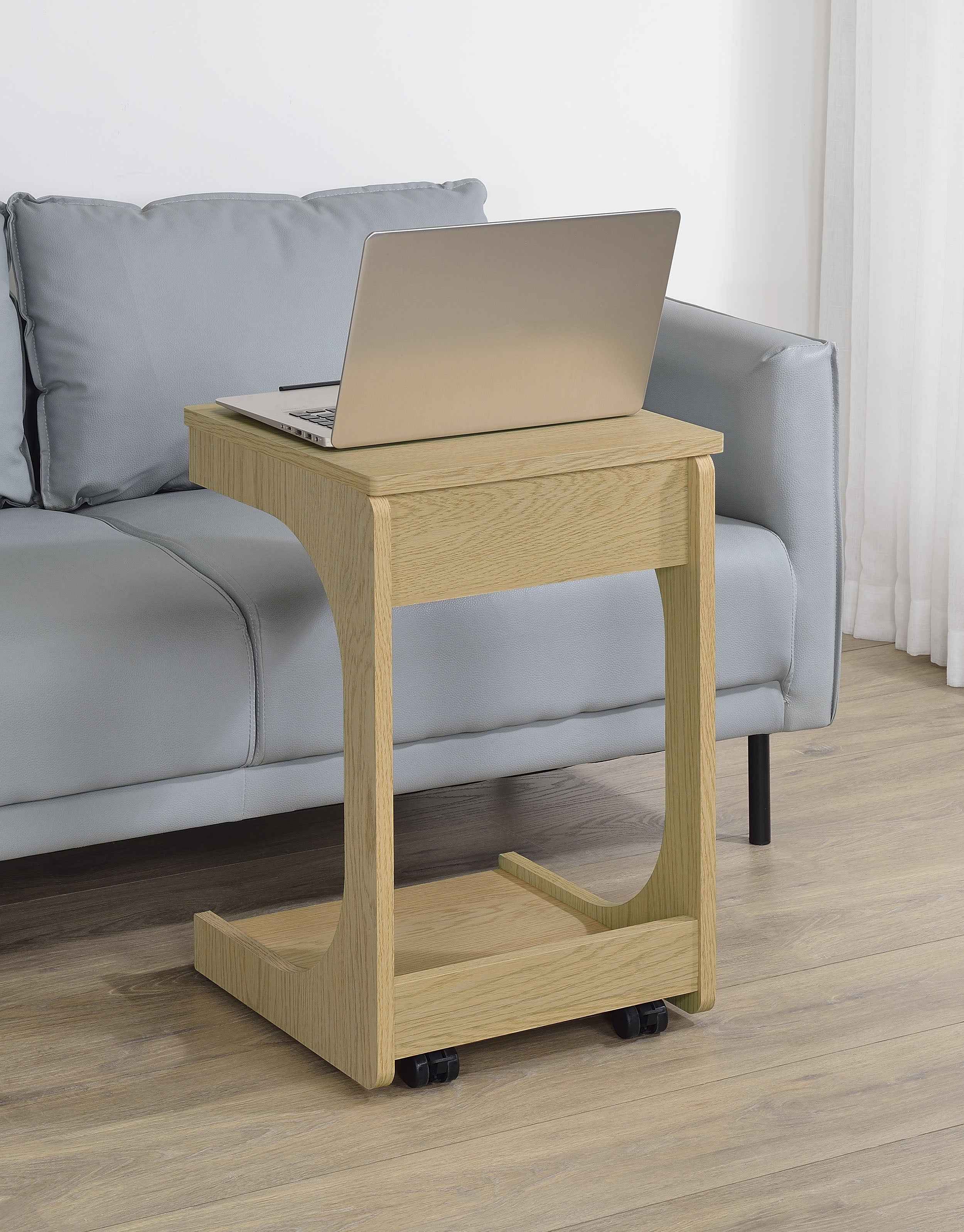 Ralston Light Oak C-Shaped Lift-Top Sofa Side Table With Casters