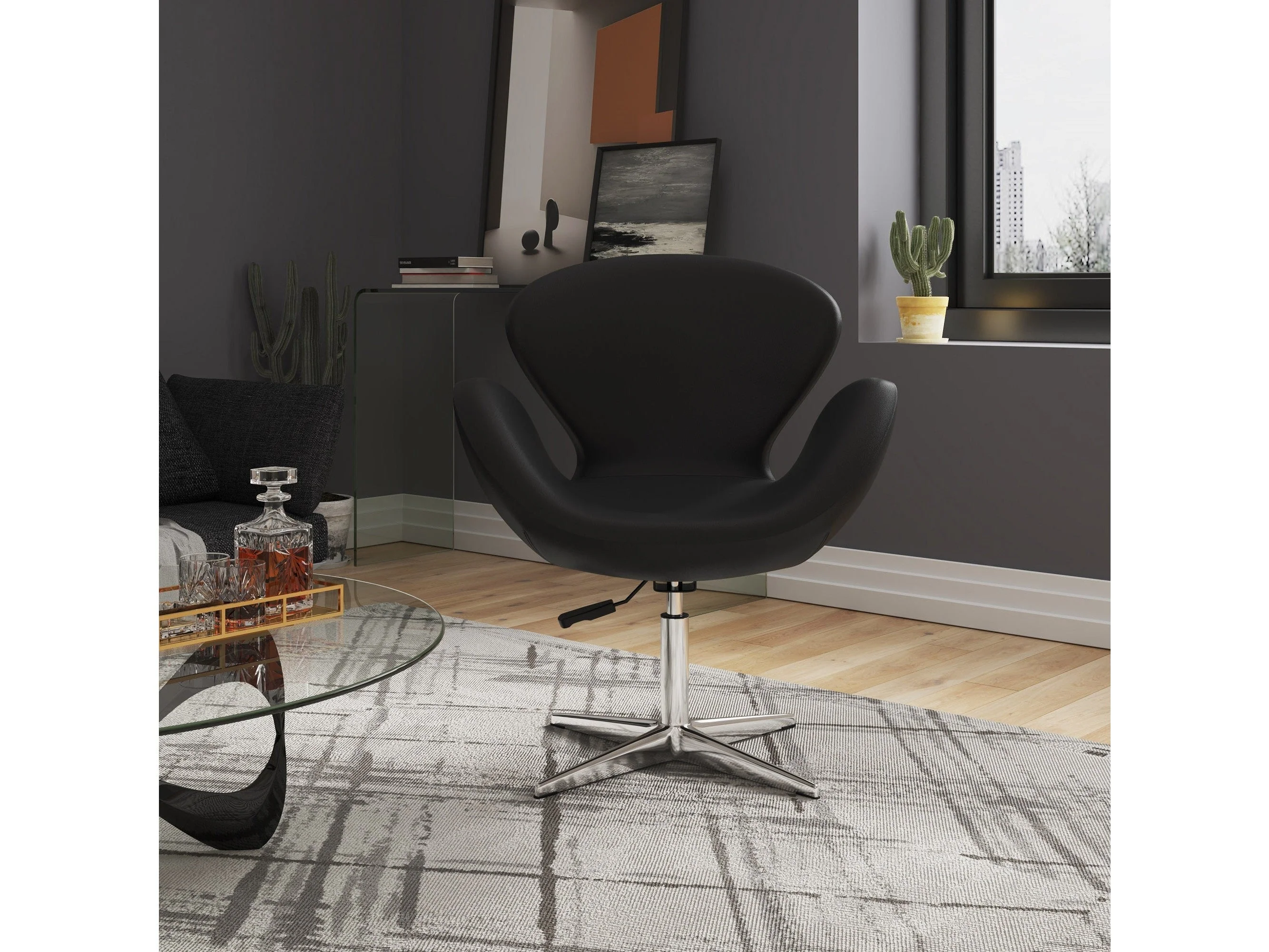 Raspberry Faux Leather Adjustable Swivel Chair in Black and Polished Chrome (set of 2)
