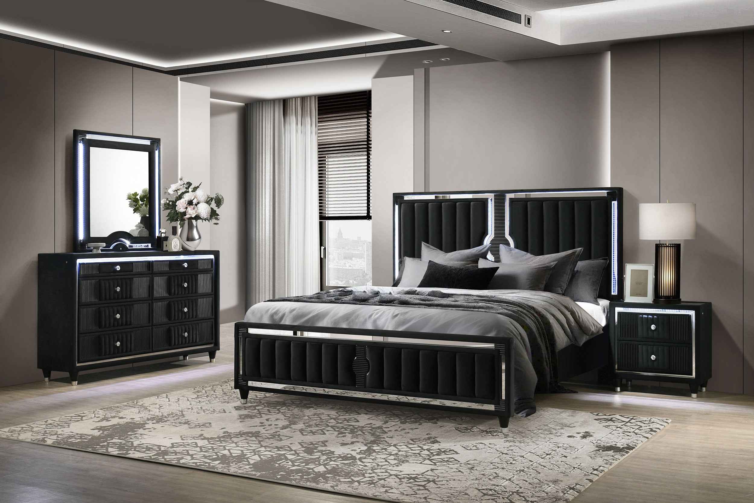 Ravenne Black 4-piece Velvet Upholstered Queen LED Bedroom Set