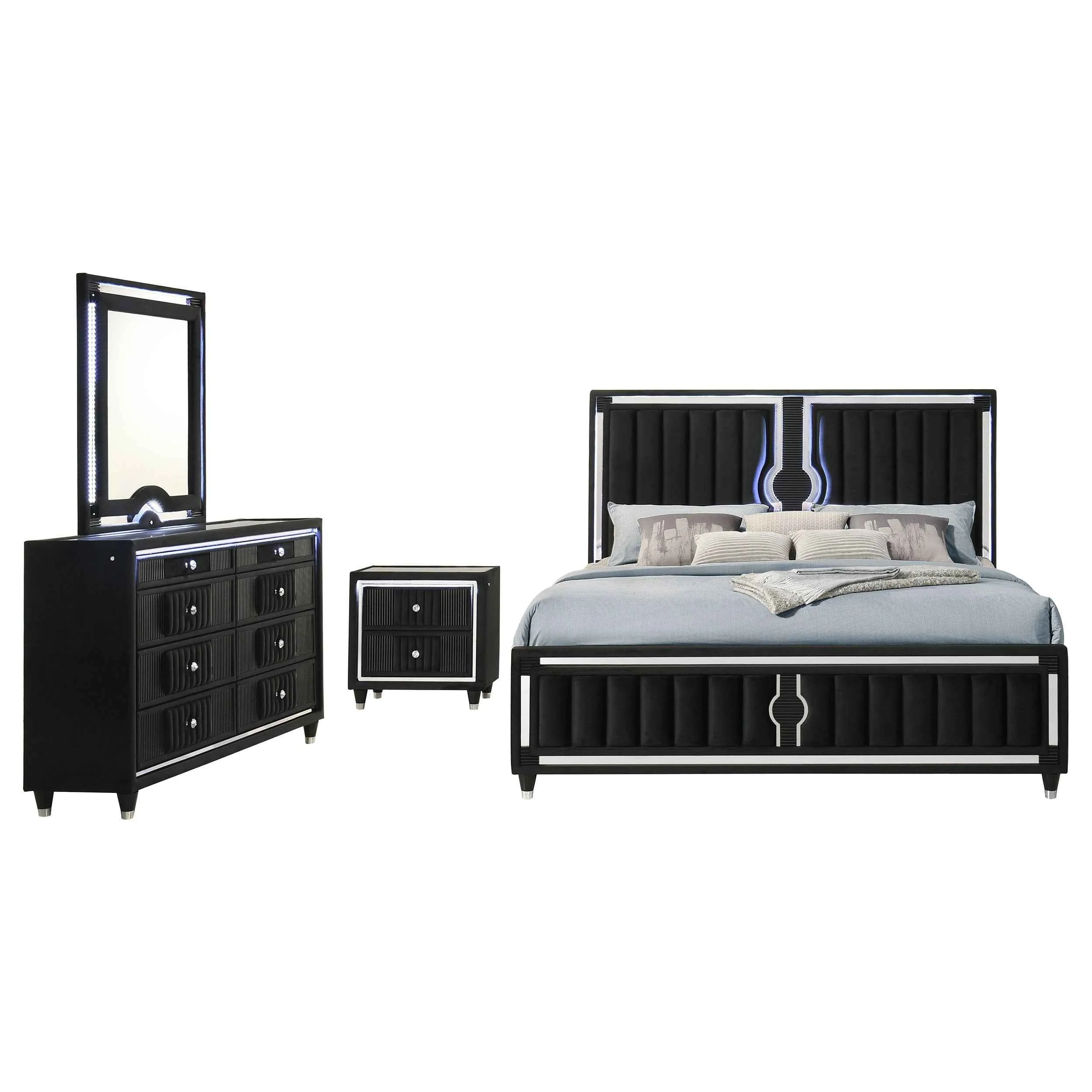 Ravenne Black 4-piece Velvet Upholstered Queen LED Bedroom Set - Image 2