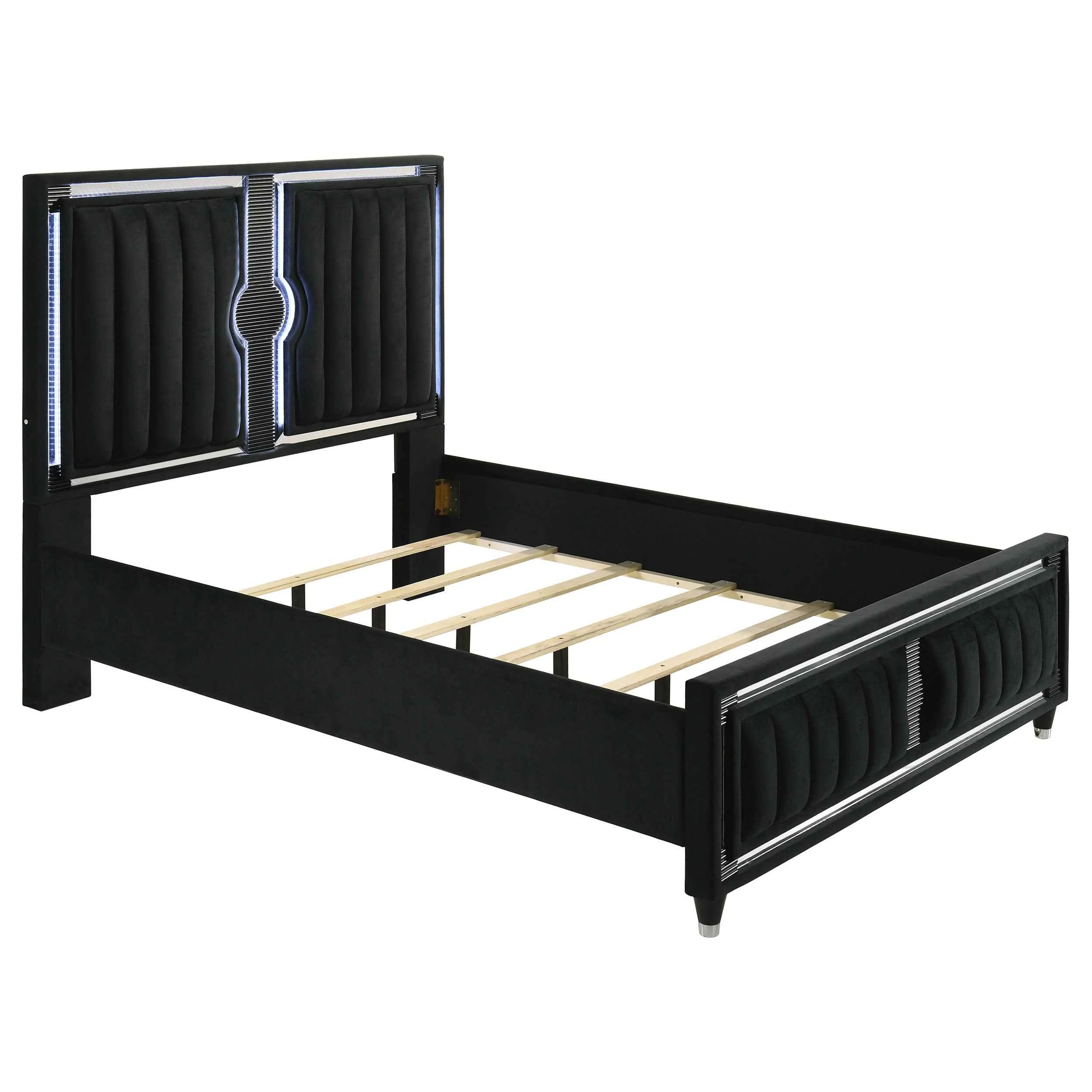 Ravenne Black 4-piece Velvet Upholstered Queen LED Bedroom Set - Image 3