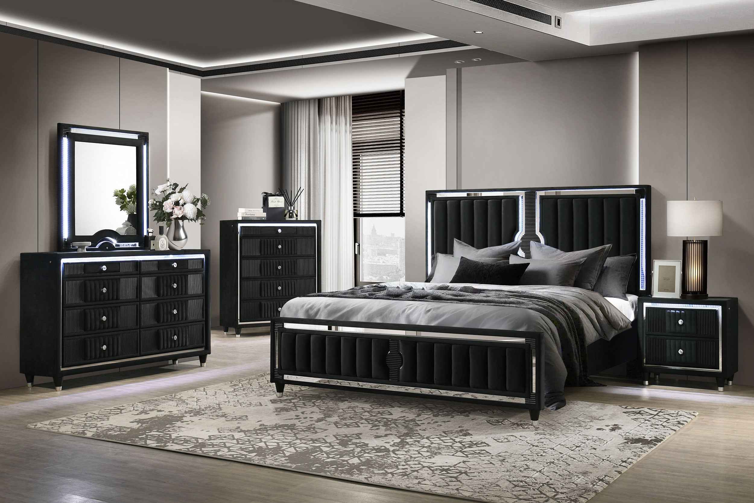 Ravenne Black 5-piece Velvet Upholstered Queen LED Bedroom Set