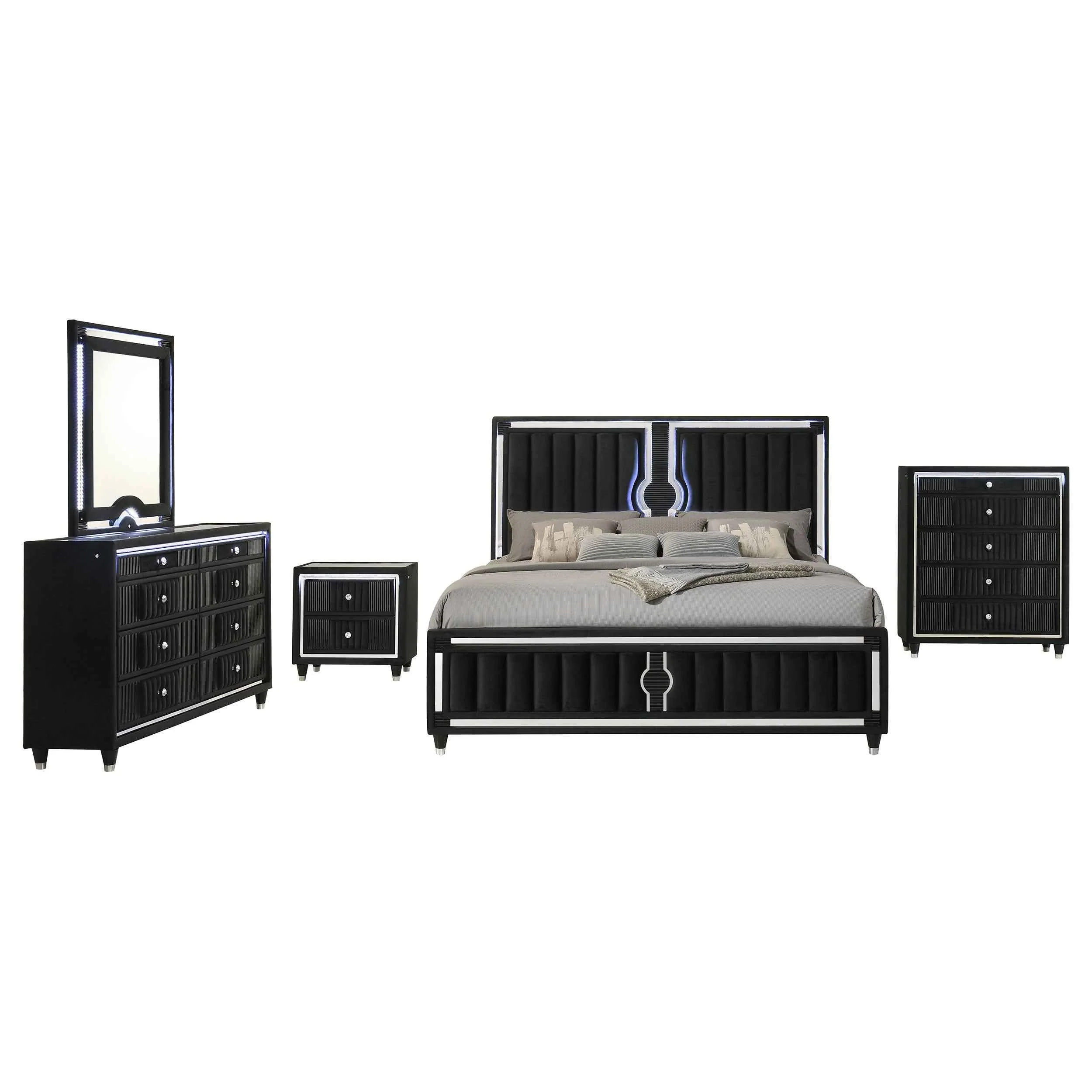 Ravenne Black 5-piece Velvet Upholstered Queen LED Bedroom Set - Image 2