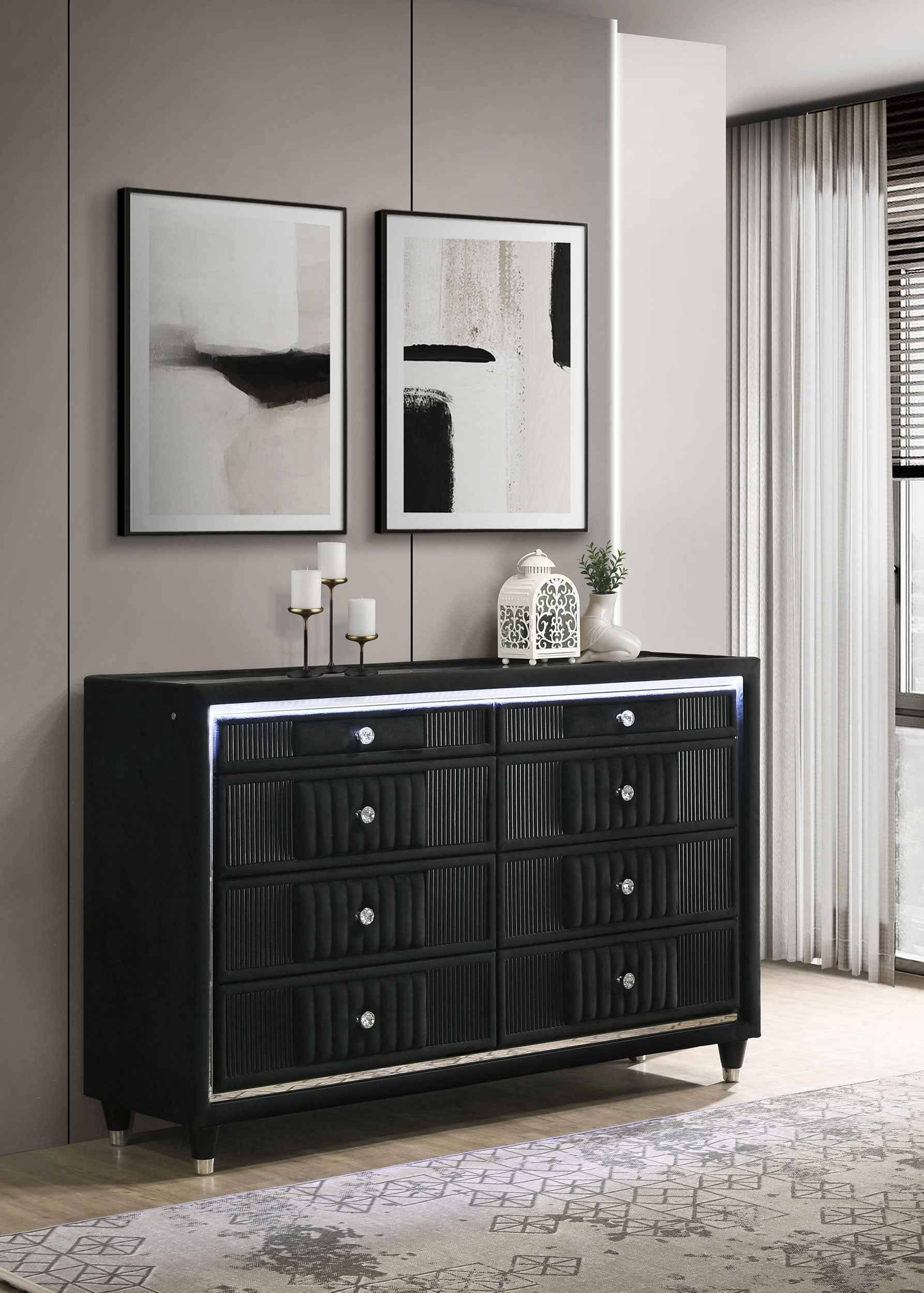 Ravenne Black 8-drawer Velvet Upholstered LED Dresser Cabinet