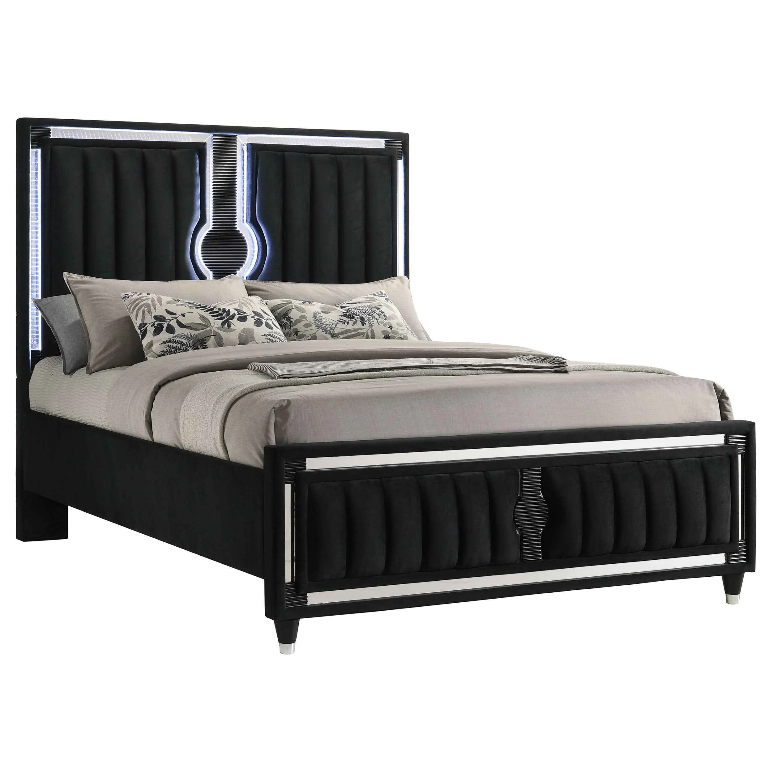 Ravenne Black Velvet Upholstered Queen LED Panel Bed - Image 3