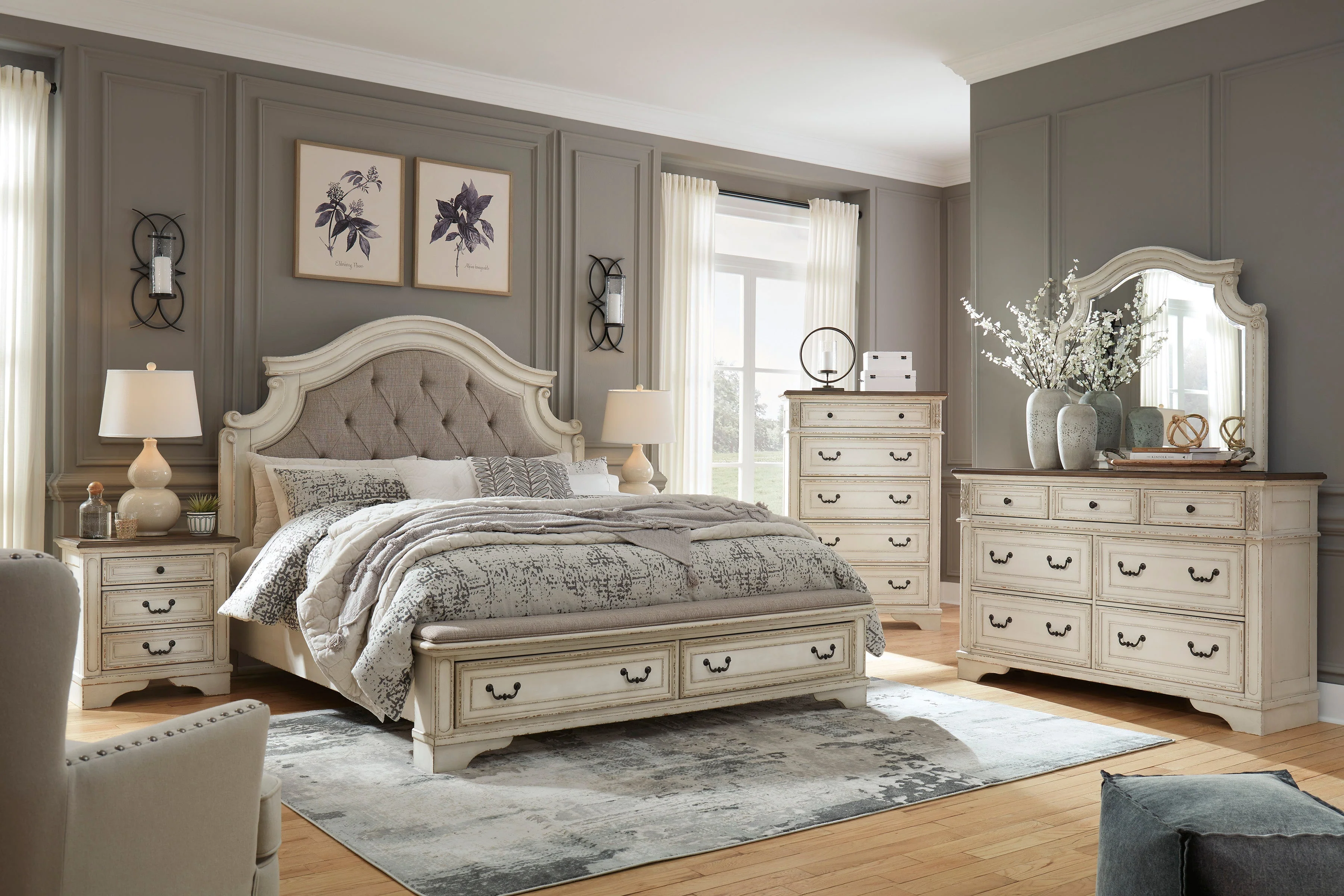 Realyn Chipped White Upholstered Storage Platform Bedroom Set with Footboard Bench