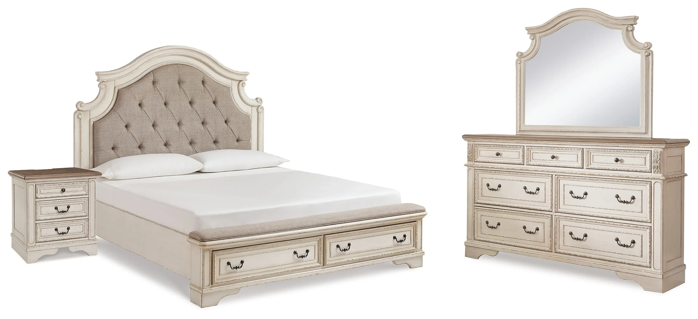 Realyn Chipped White Upholstered Storage Platform Bedroom Set with Footboard Bench - Image 16