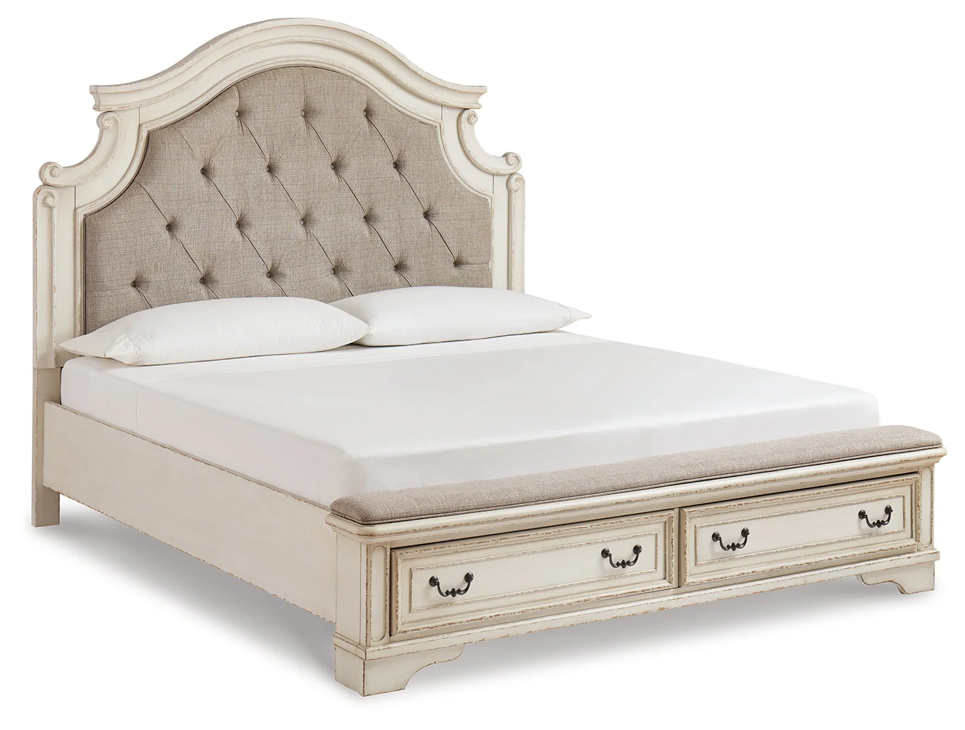 Realyn Chipped White Upholstered Storage Platform Bedroom Set with Footboard Bench - Image 17