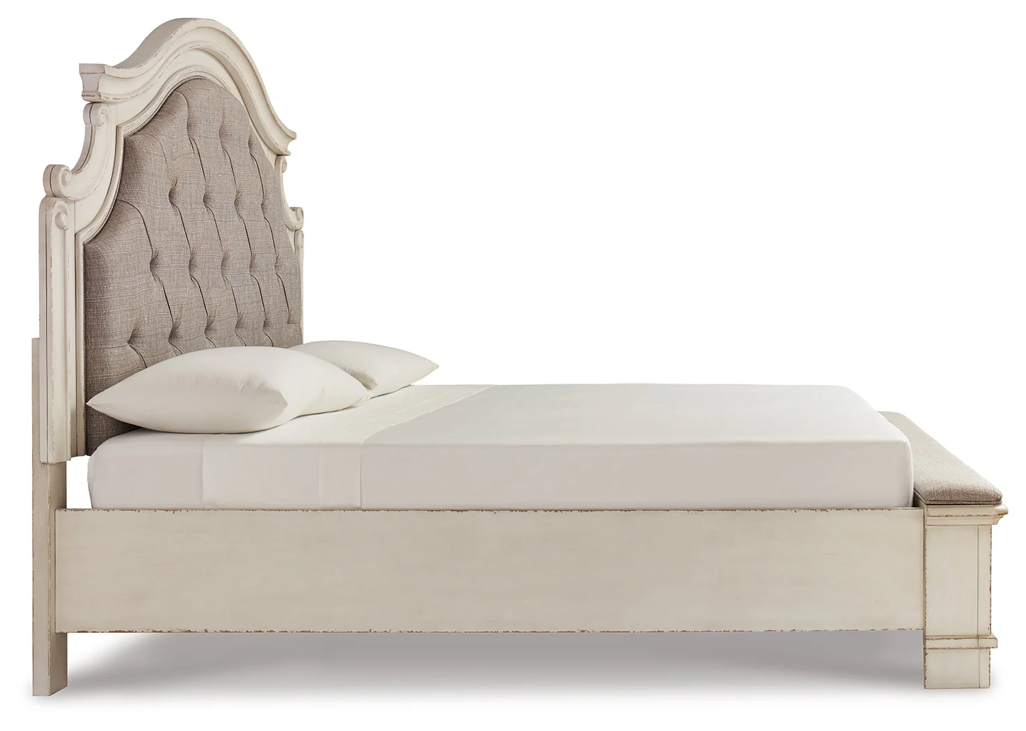 Realyn Chipped White Upholstered Storage Platform Bedroom Set with Footboard Bench - Image 18