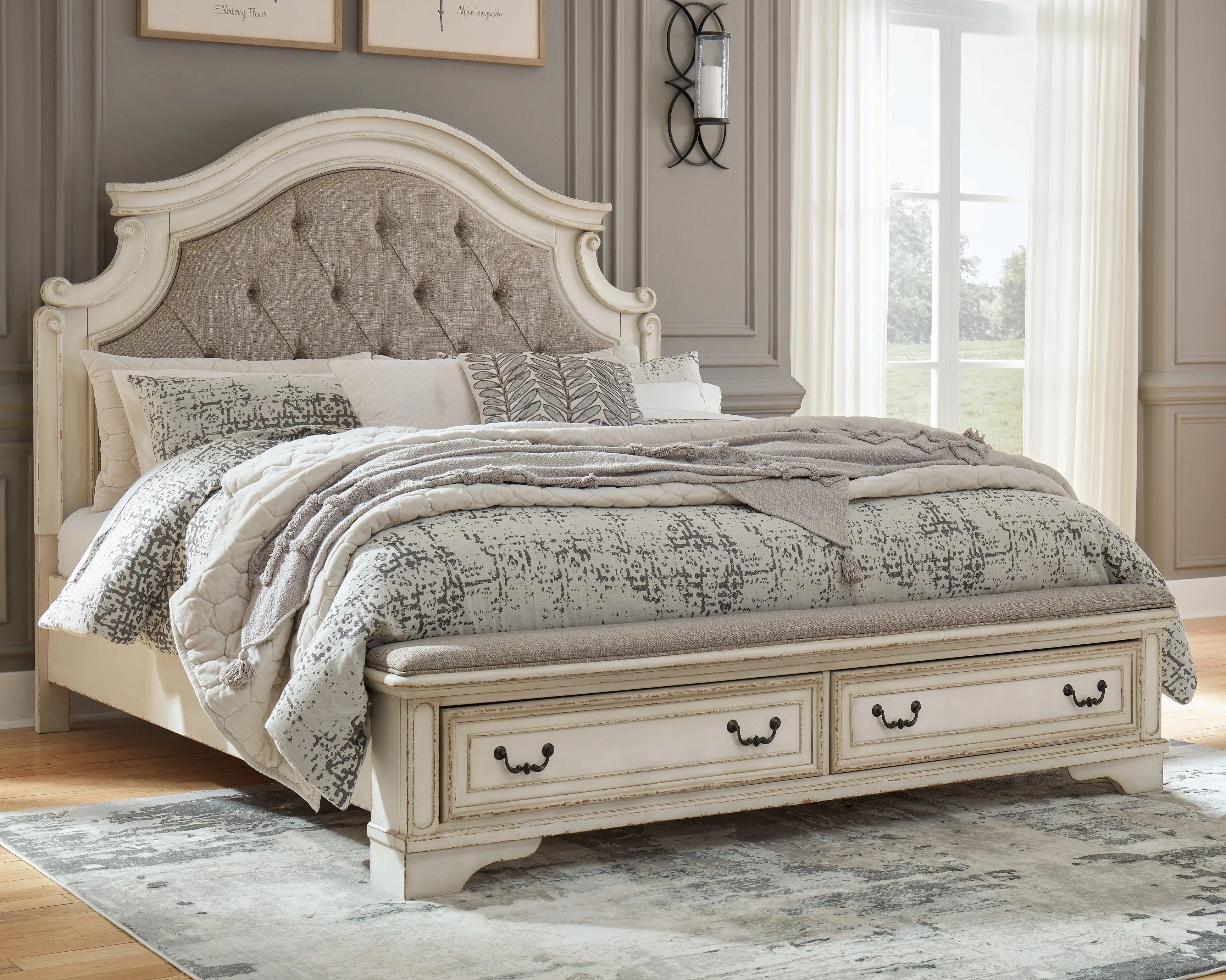 Realyn Chipped White Upholstered Storage Platform Bedroom Set with Footboard Bench - Image 24