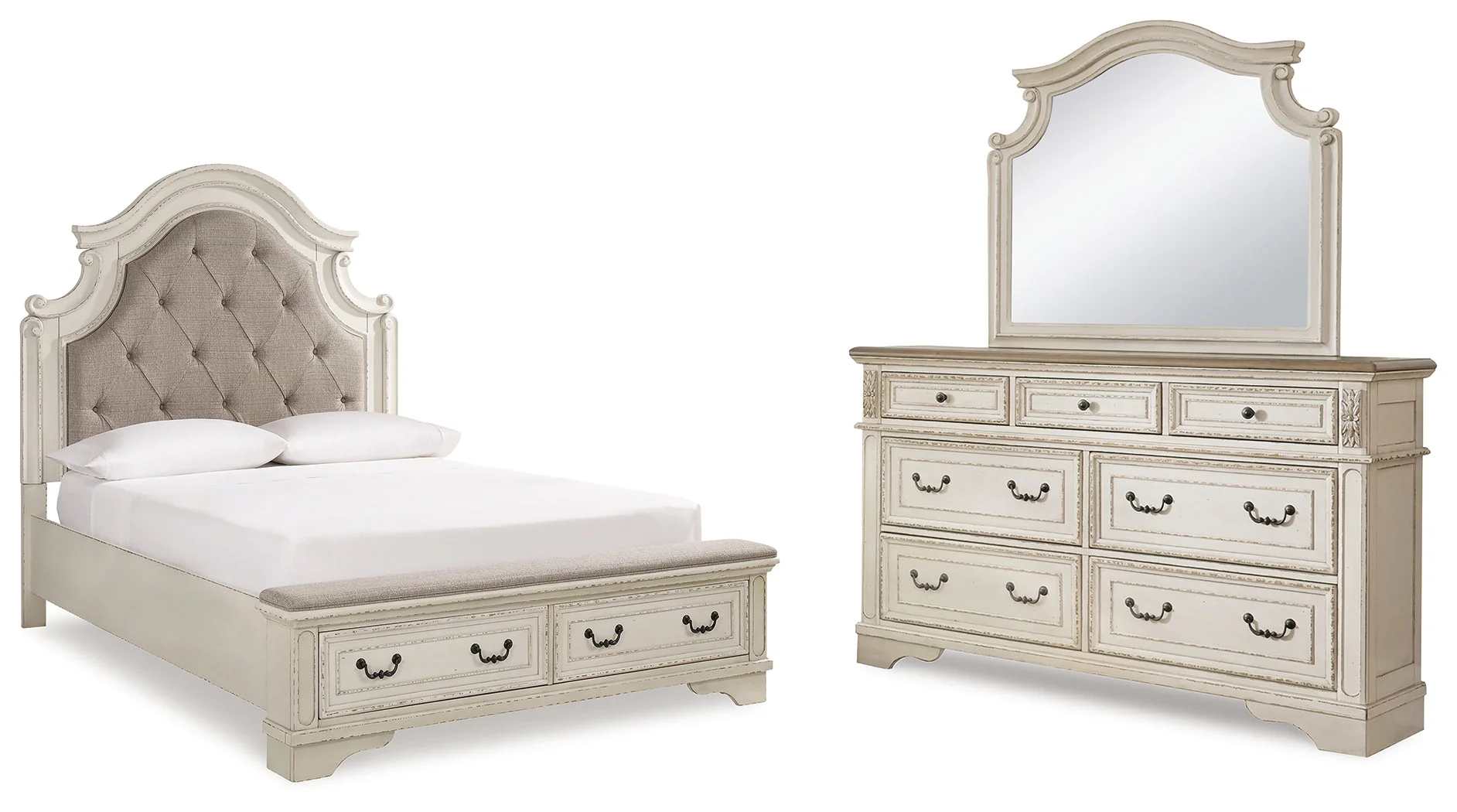 Realyn Chipped White Upholstered Storage Platform Bedroom Set with Footboard Bench - Image 30