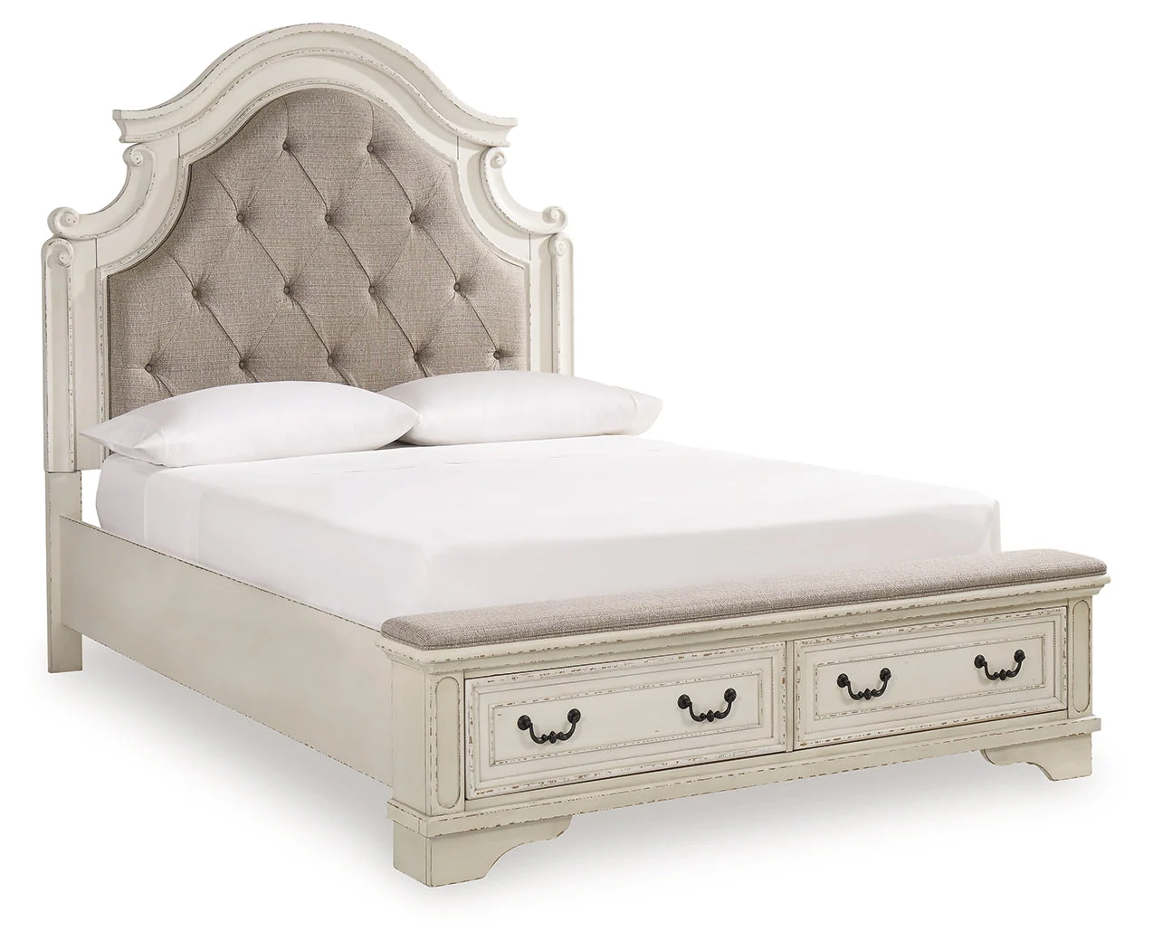 Realyn Chipped White Upholstered Storage Platform Bedroom Set with Footboard Bench - Image 31