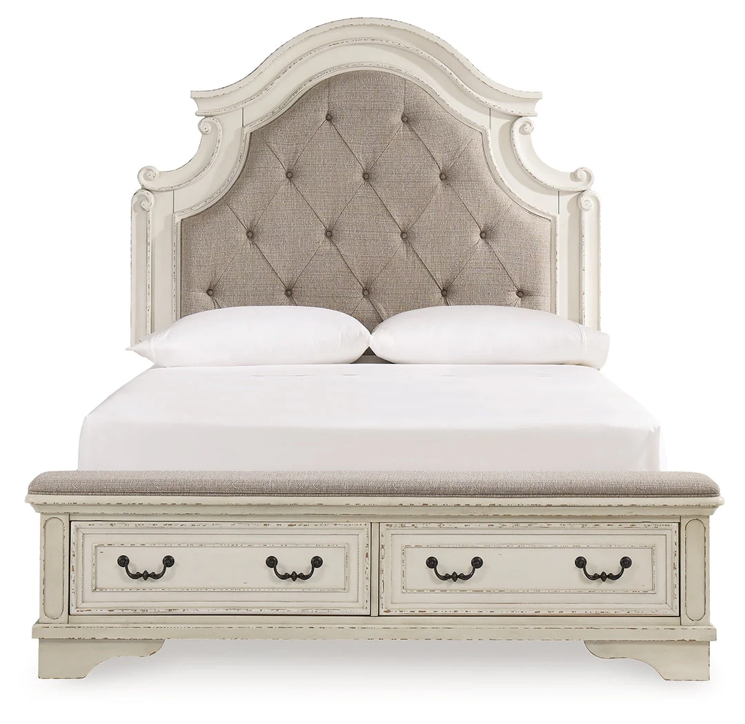 Realyn Chipped White Upholstered Storage Platform Bedroom Set with Footboard Bench - Image 32