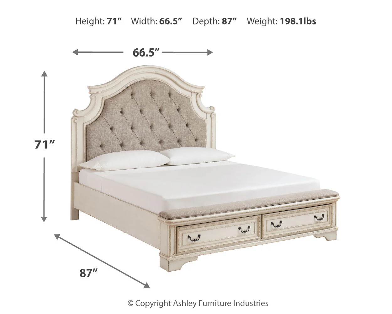 Realyn Chipped White Upholstered Storage Platform Bedroom Set with Footboard Bench - Image 35