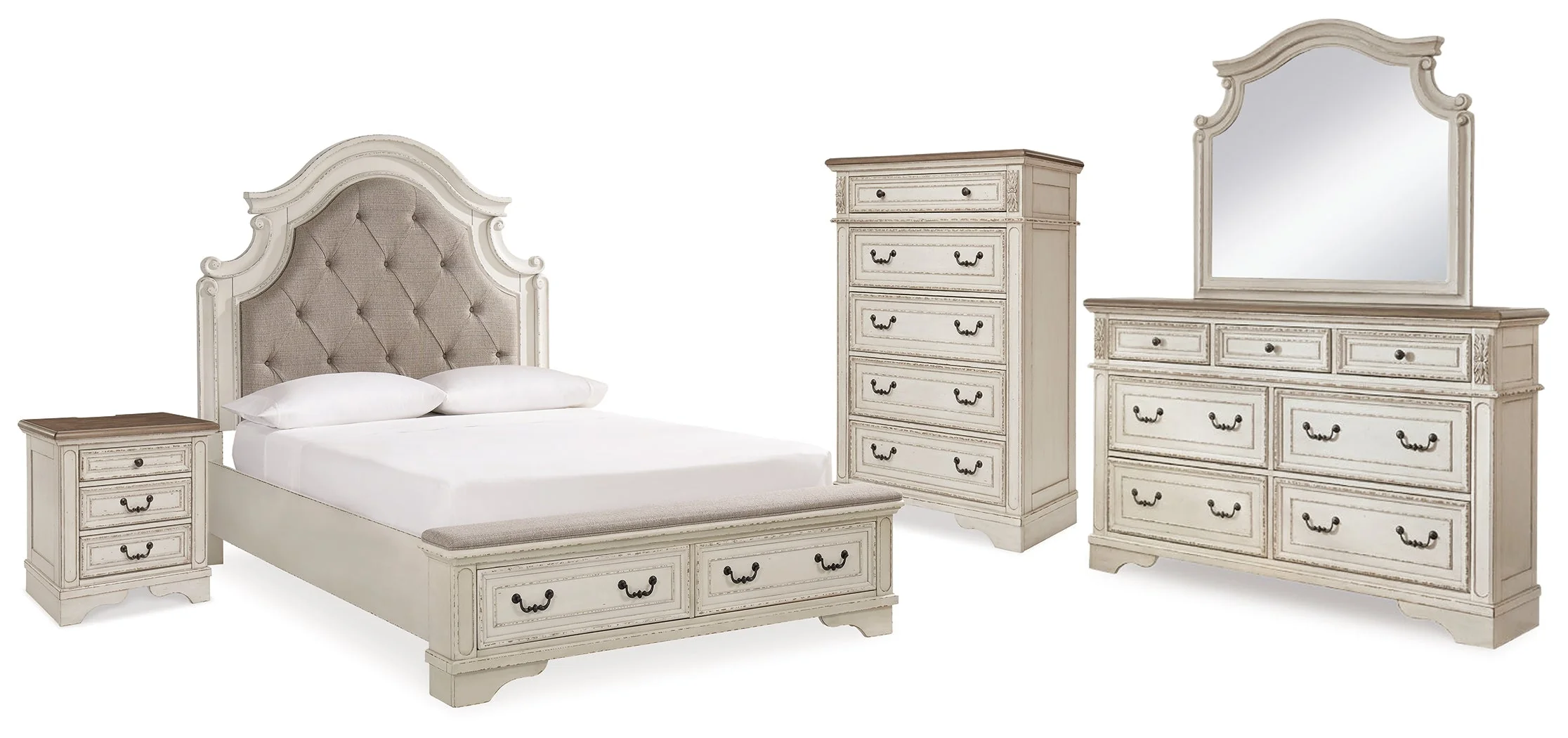 Realyn Chipped White Upholstered Storage Platform Bedroom Set with Footboard Bench - Image 37