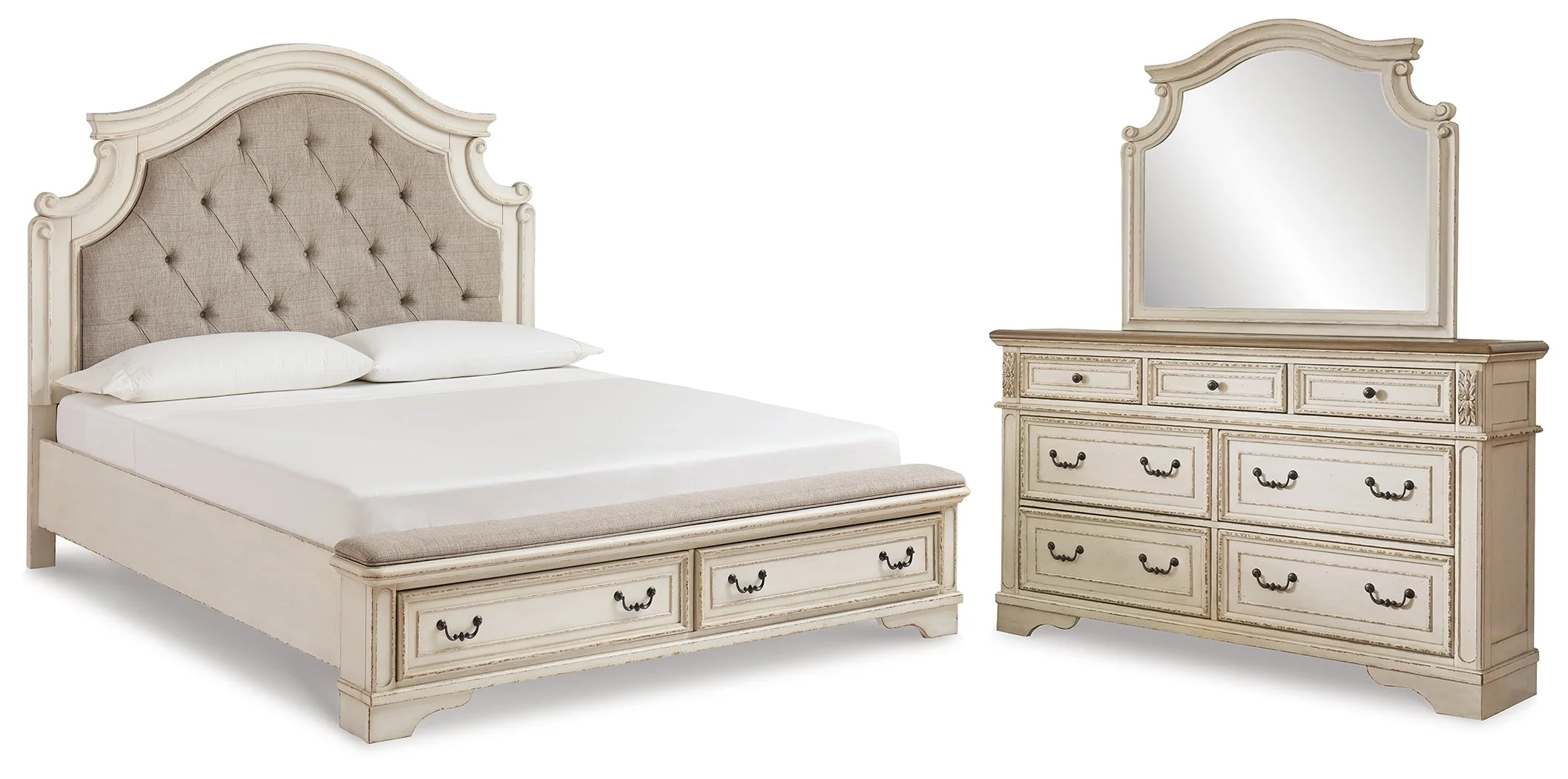 Realyn Chipped White Upholstered Storage Platform Bedroom Set with Footboard Bench - Image 44