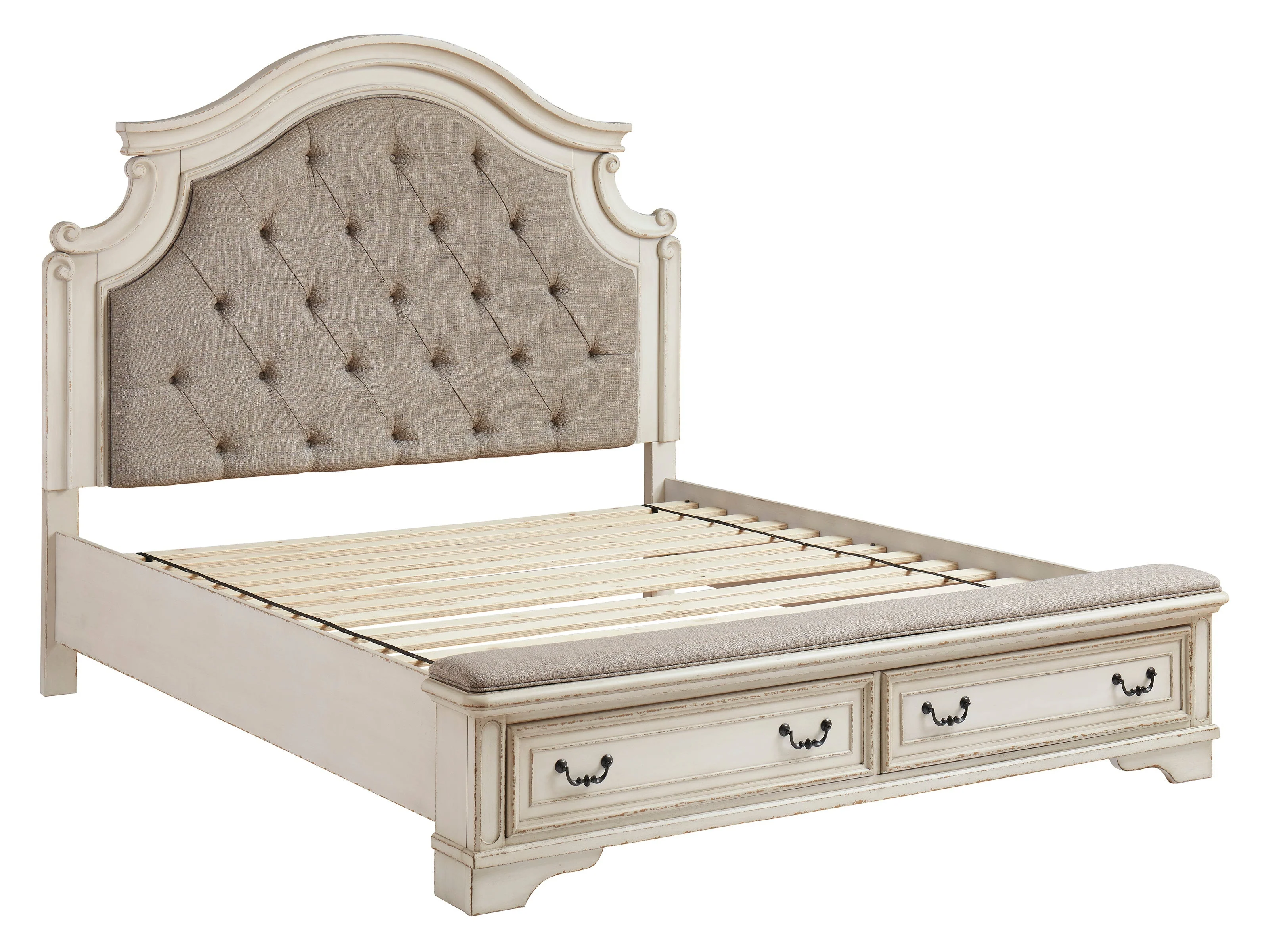 Realyn Chipped White Upholstered Storage Platform Bedroom Set with Footboard Bench - Image 6