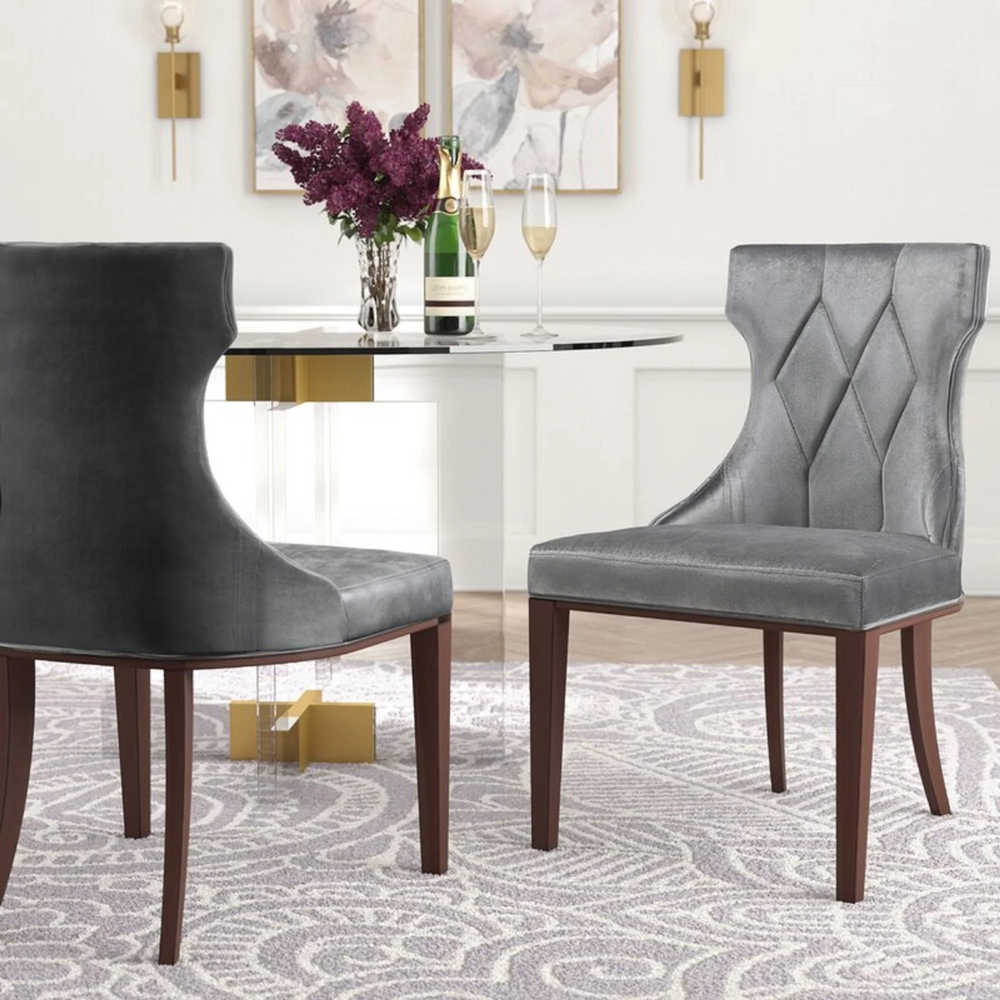 Reine Velvet Dining Chair (Set of Two) in Grey and Walnut - Image 2