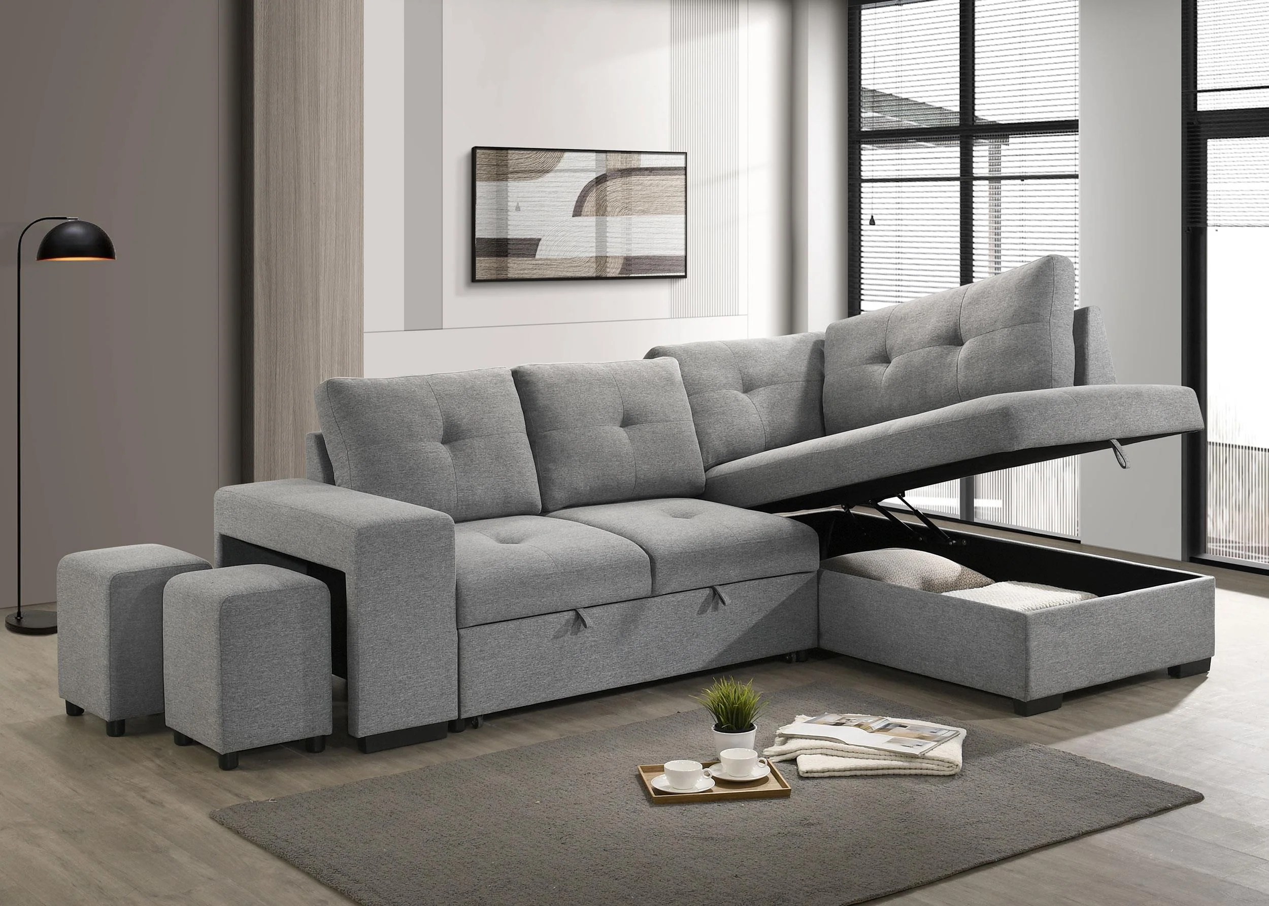 Roanne Grey Fabric Upholstered Sleeper Sectional Sofa - Image 2