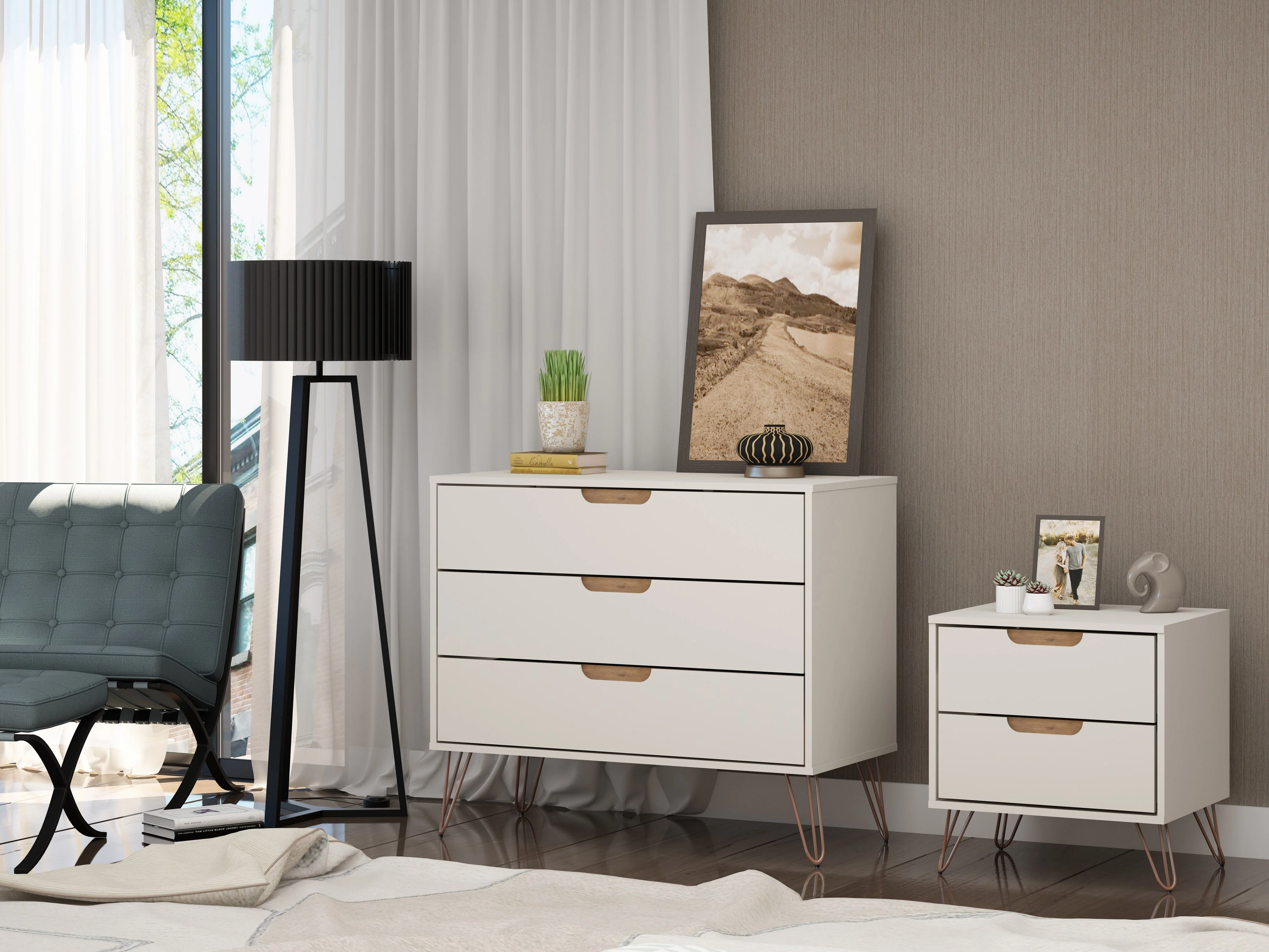 Rockefeller Dresser and Nightstand Set in Off White and Nature - Image 2