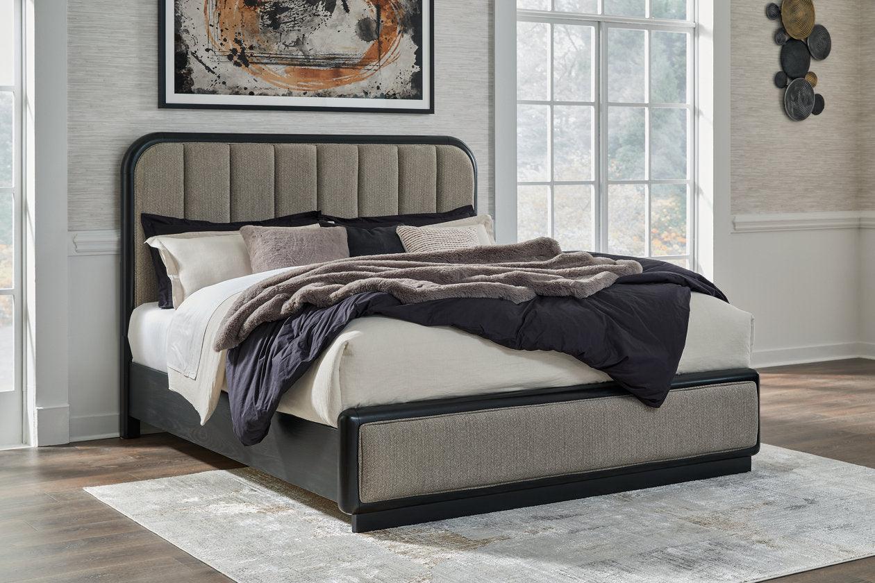 Rowanbeck Gray/Black California King Upholstered Panel Bed - Image 2