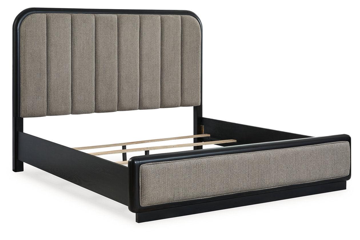 Rowanbeck Gray/Black California King Upholstered Panel Bed - Image 3