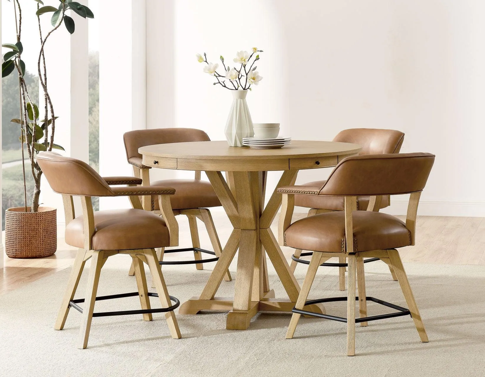 Rylie 24″ Counter Captains Chair, Natural Finish with Camel Vegan Leather - Image 8