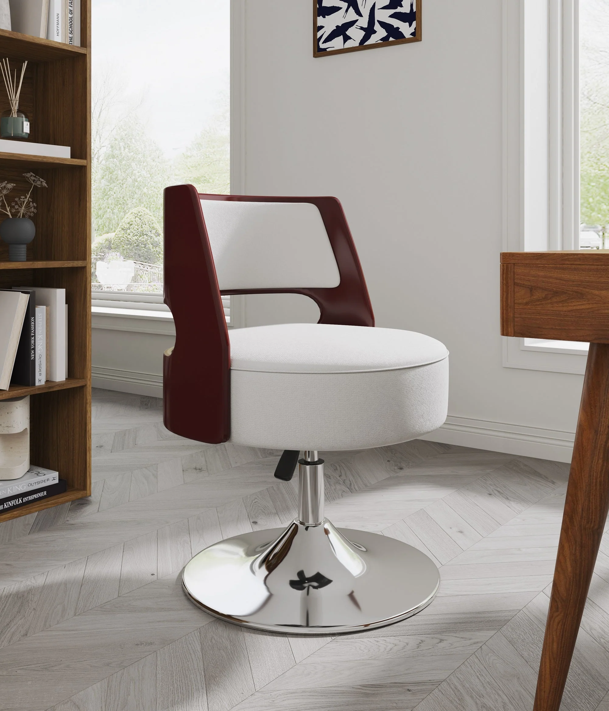 Salon Adjustable Height Swivel Accent Chair in White and Polished Chrome - Image 2